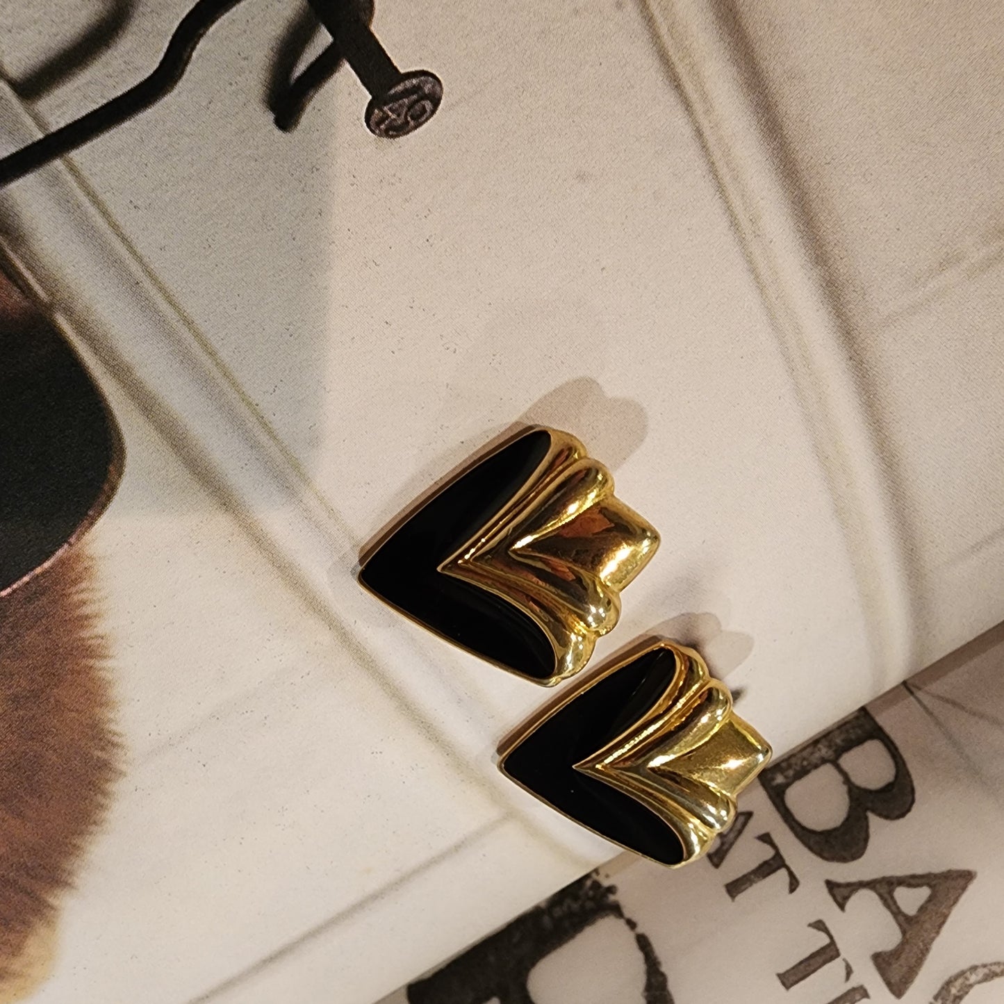 Vintage Gold and Black Enamel Earrings