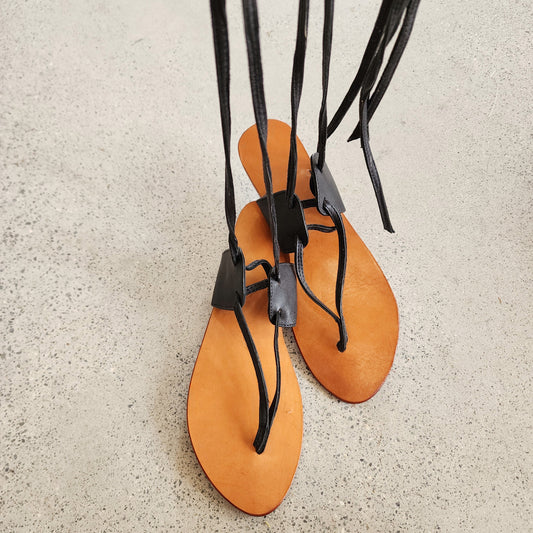 Lilya Leather Tie Sandals - Black 41 (10au)