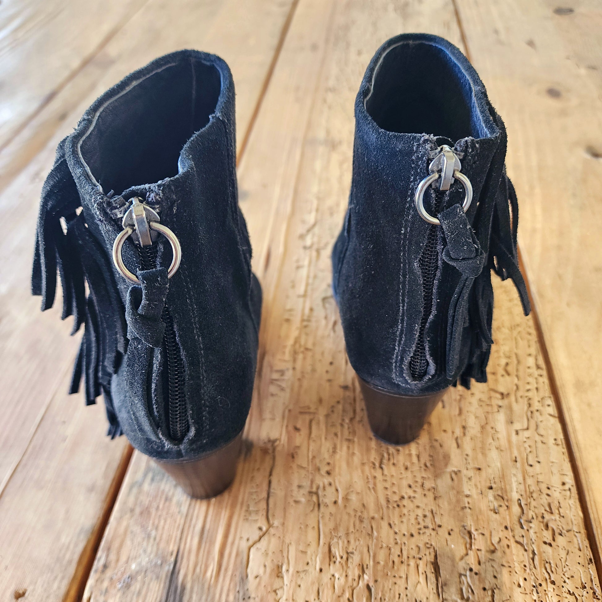 Back view of the Ash suede ankle boots showing the  black suede, zip up style, with leather zip detail.