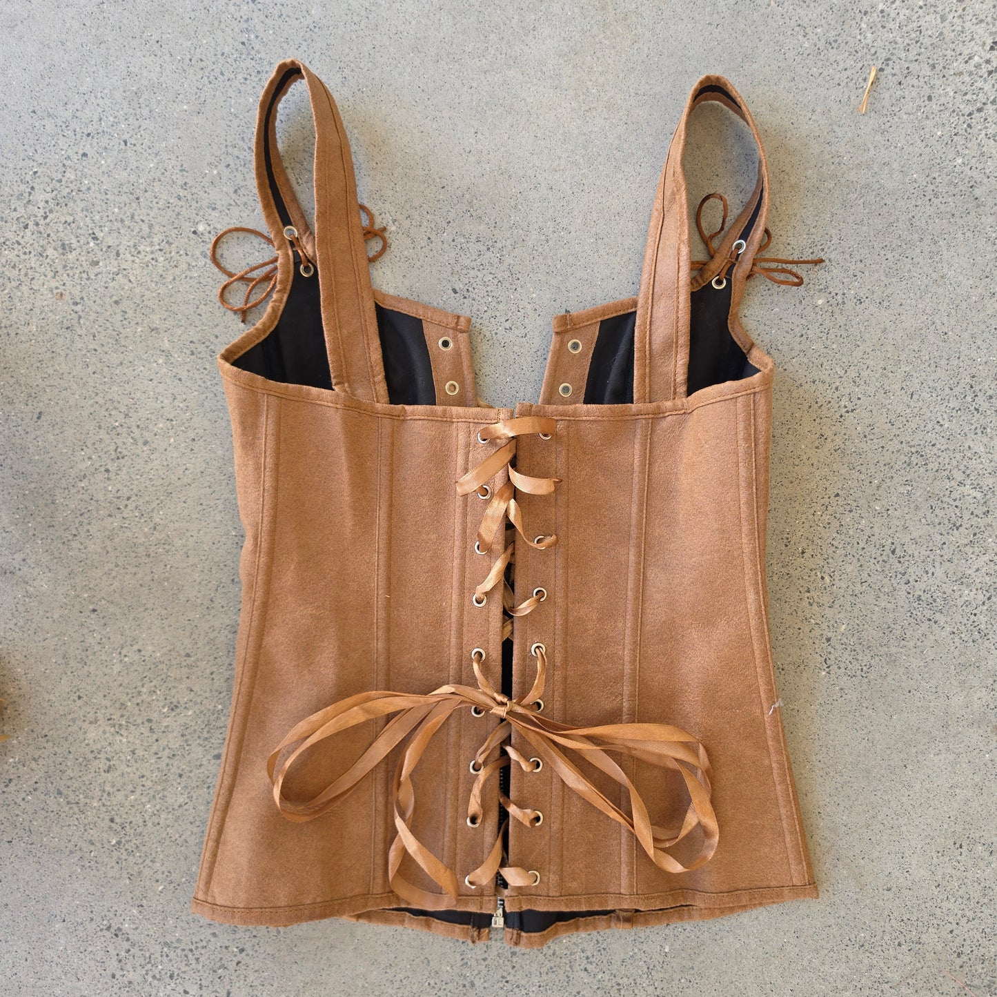 Back view of the Chamian Renaissance lihjt brown corset top in size S