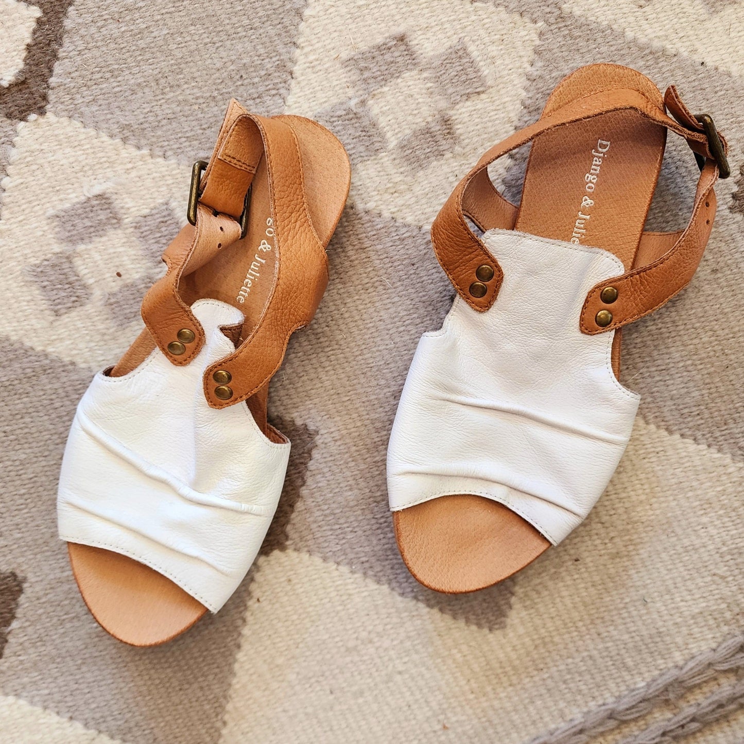 Django & Juliette tan and white Jered Sandals, available online at wilsonavenue.au