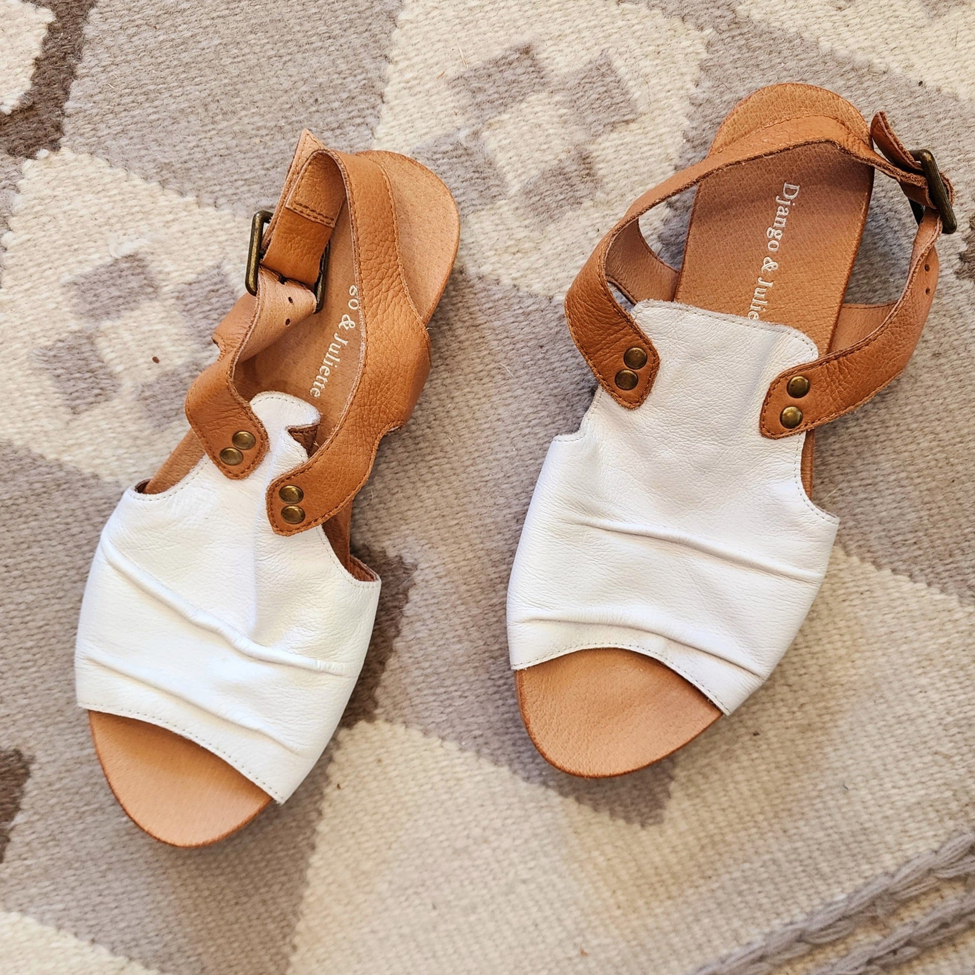 Django & Juliette tan and white Jered Sandals, available online at wilsonavenue.au