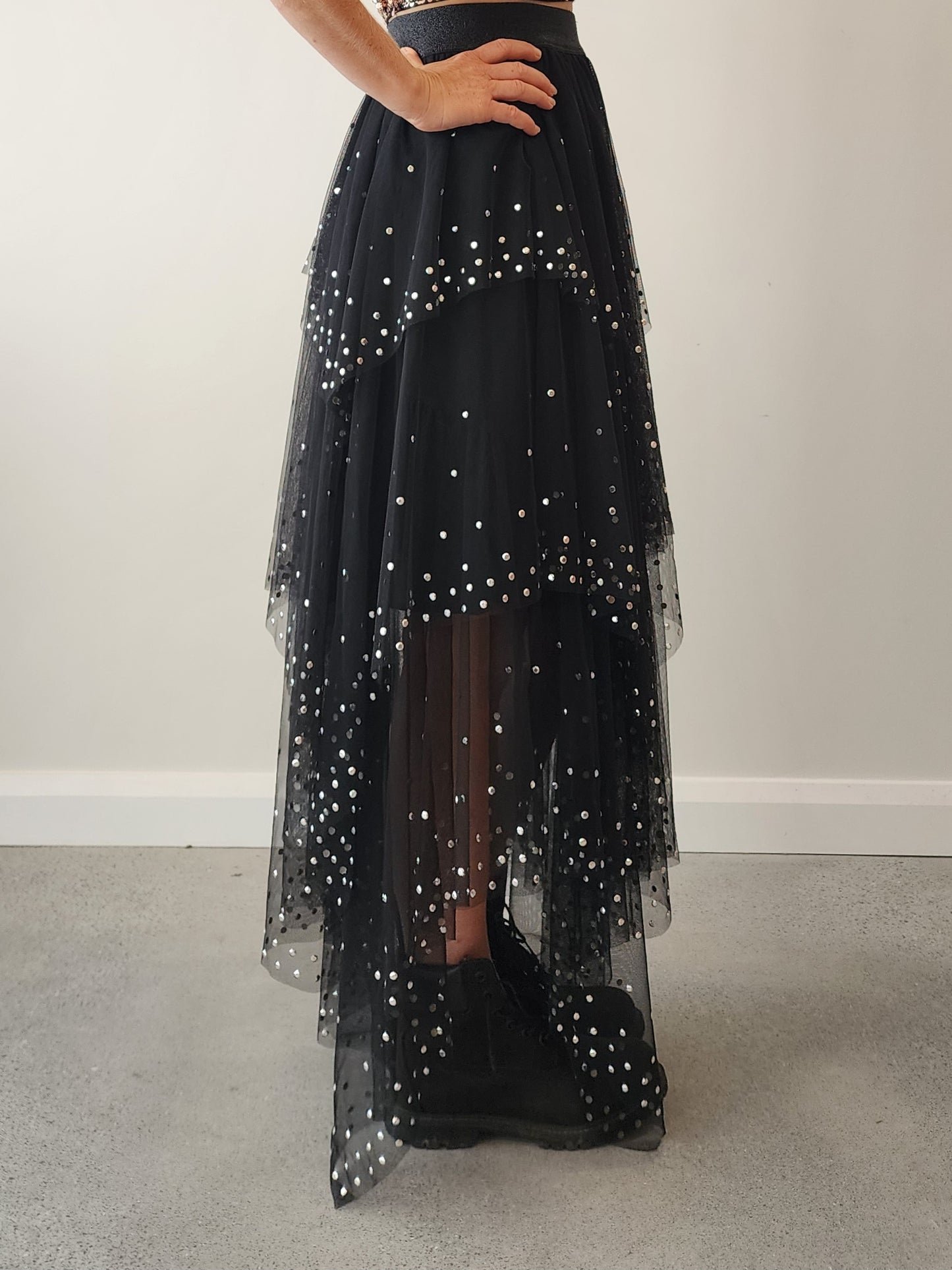 XS Sass & Bide Black Tulle Midi Skirt black with silver metal embellishments