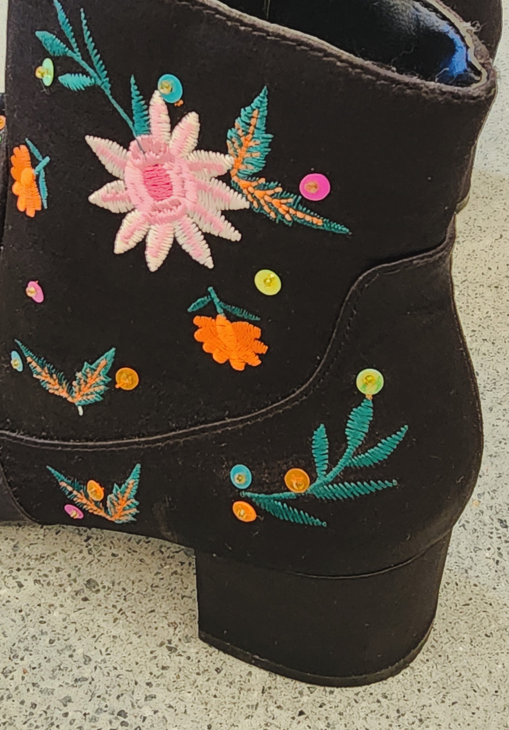 Embroidered floral and sequin black ankle boots with a block heel, size 7