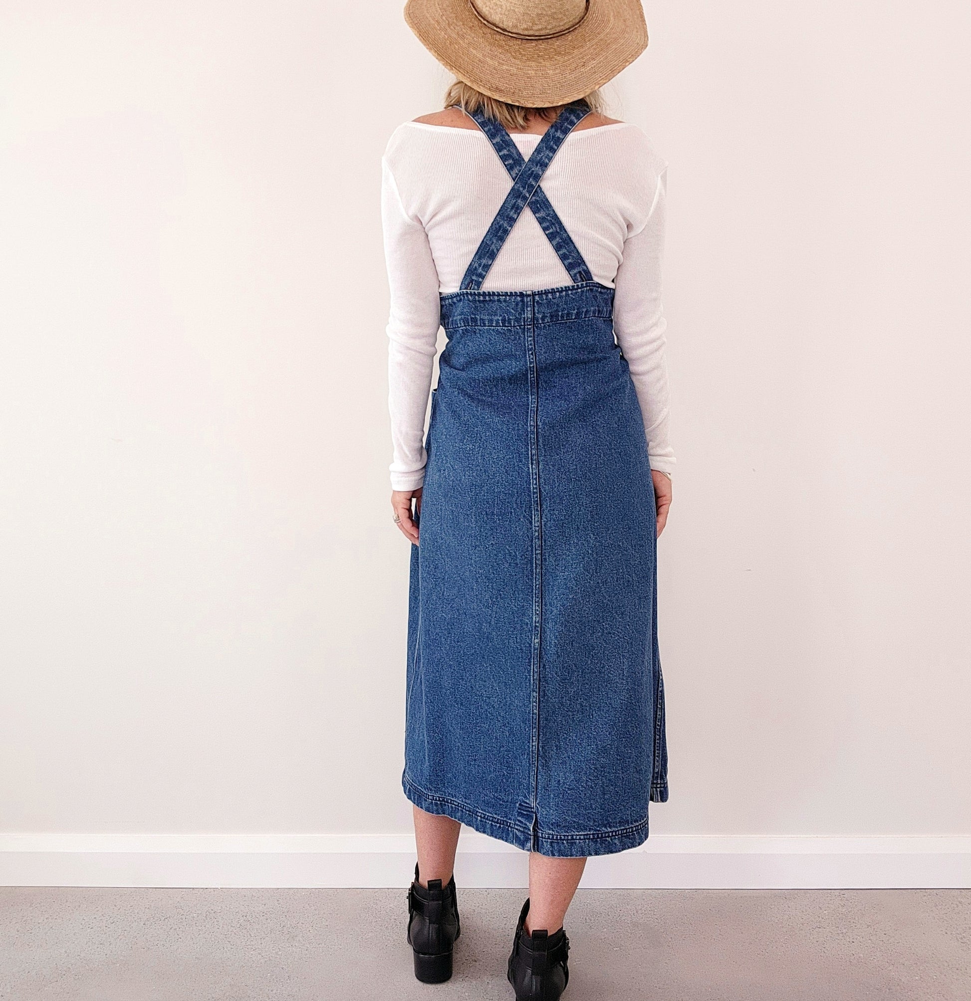 Foundling denim midi dress, apron dress. wilsonavenue.au
