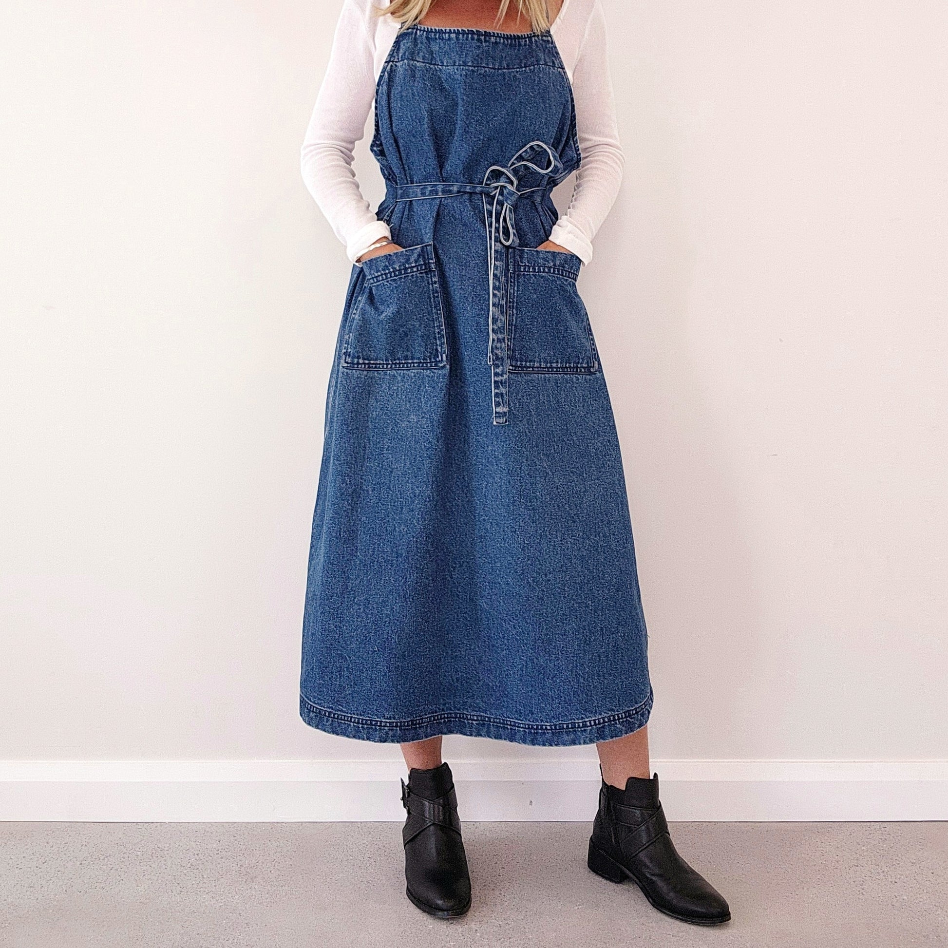 Denim apron dress by foundling, Byron Bay designer