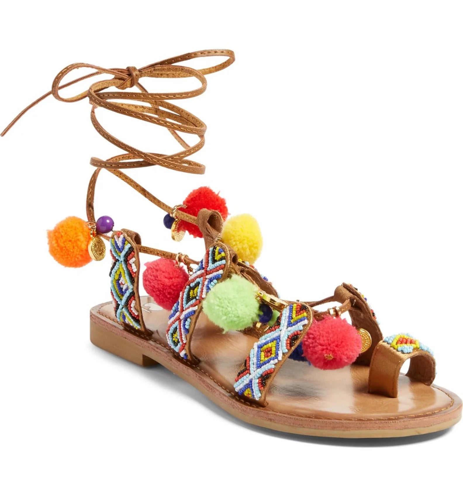 Stock image of Gioseppo Omahas, showing ankle strap, pom pom and beaded details