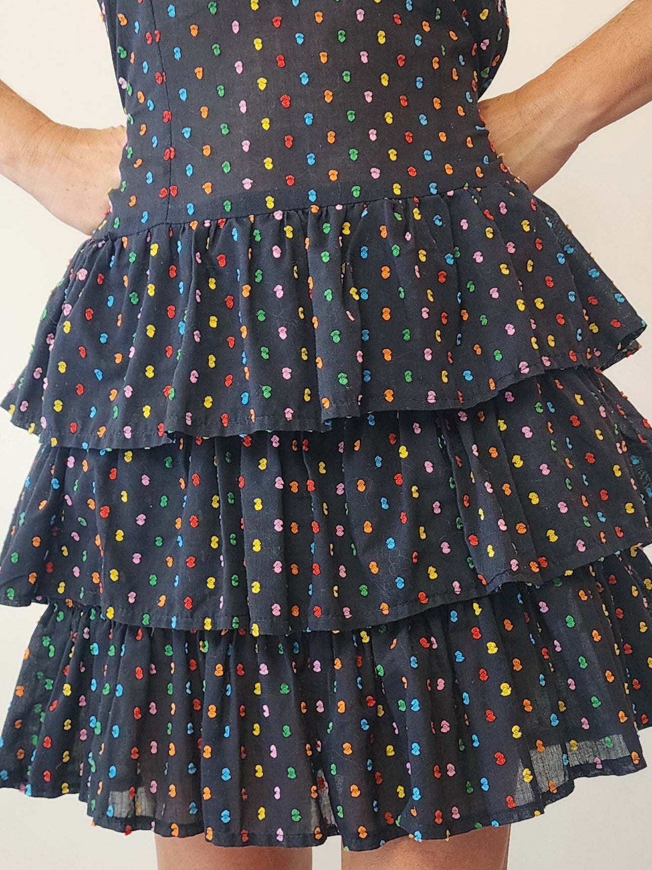 Close up of black vintage mini dress by Jungle Jap (Kenzo) approximate size 8-10