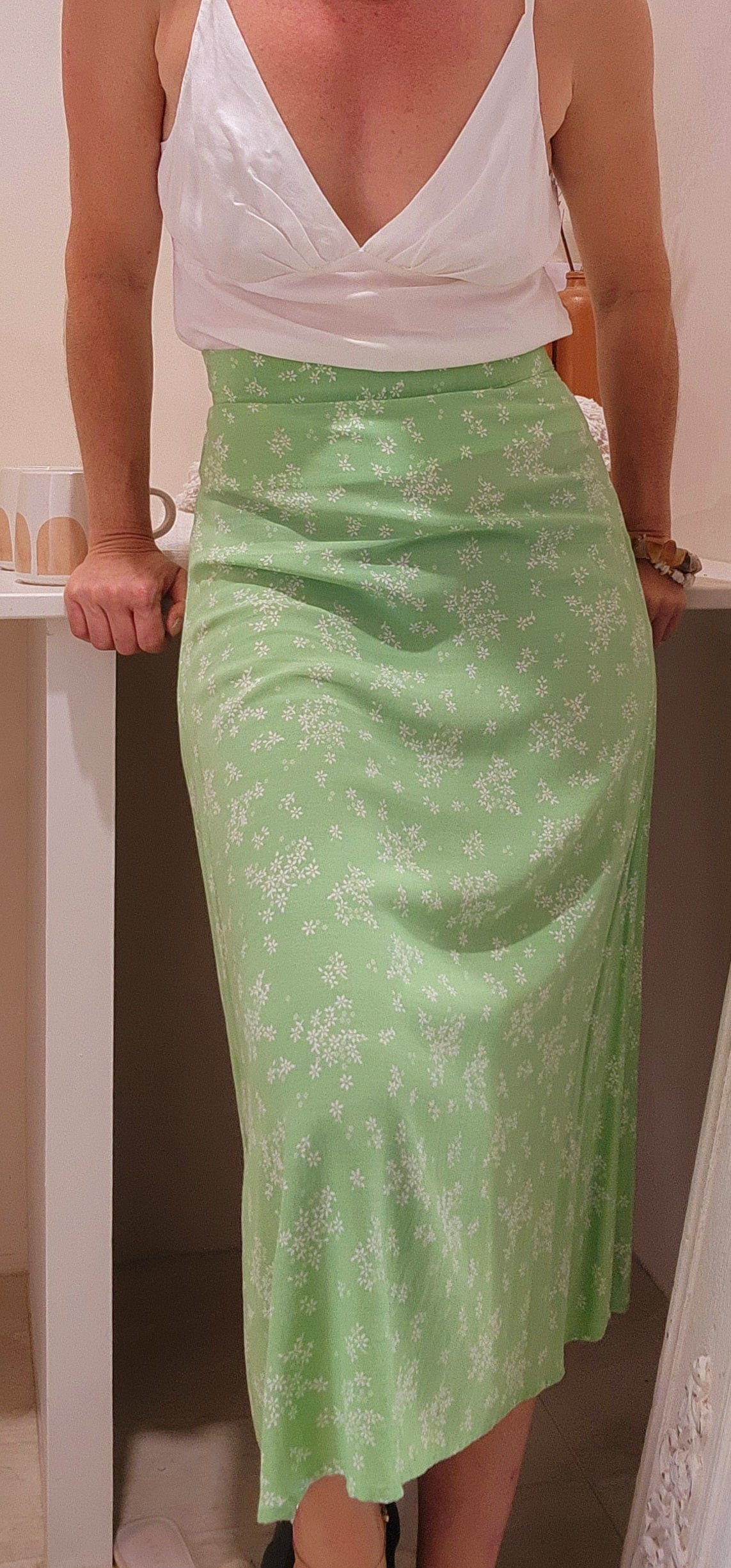 Auguste the Label Keepsake white v-neck cami in size 6, worn with Auguste the Label Mauve Marcel midi skirt.