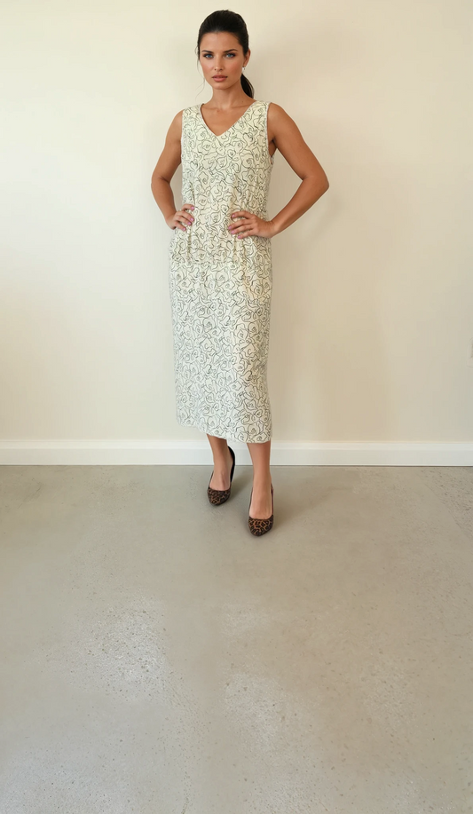 Vintage 1980s Australian Designer Kitly midi or mini Dress, drop waist style with black line drawing print on off white best for a size S-M