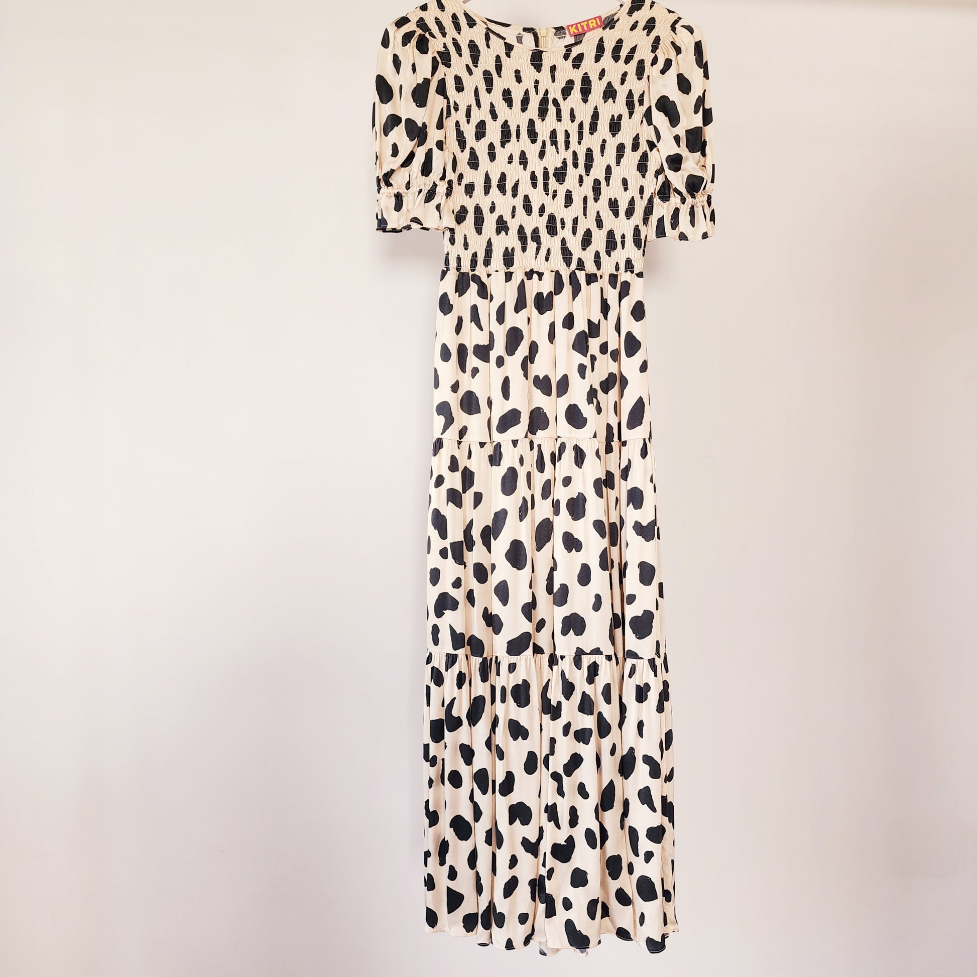 Kitri London champagne & black dalmatian animal print, tiered midi dress. New without tags available at wilsonavenue.au