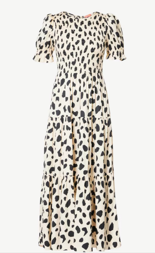 Kitri London champagne & black dalmatian animal print, tiered midi dress. New without tags available at wilsonavenue.au