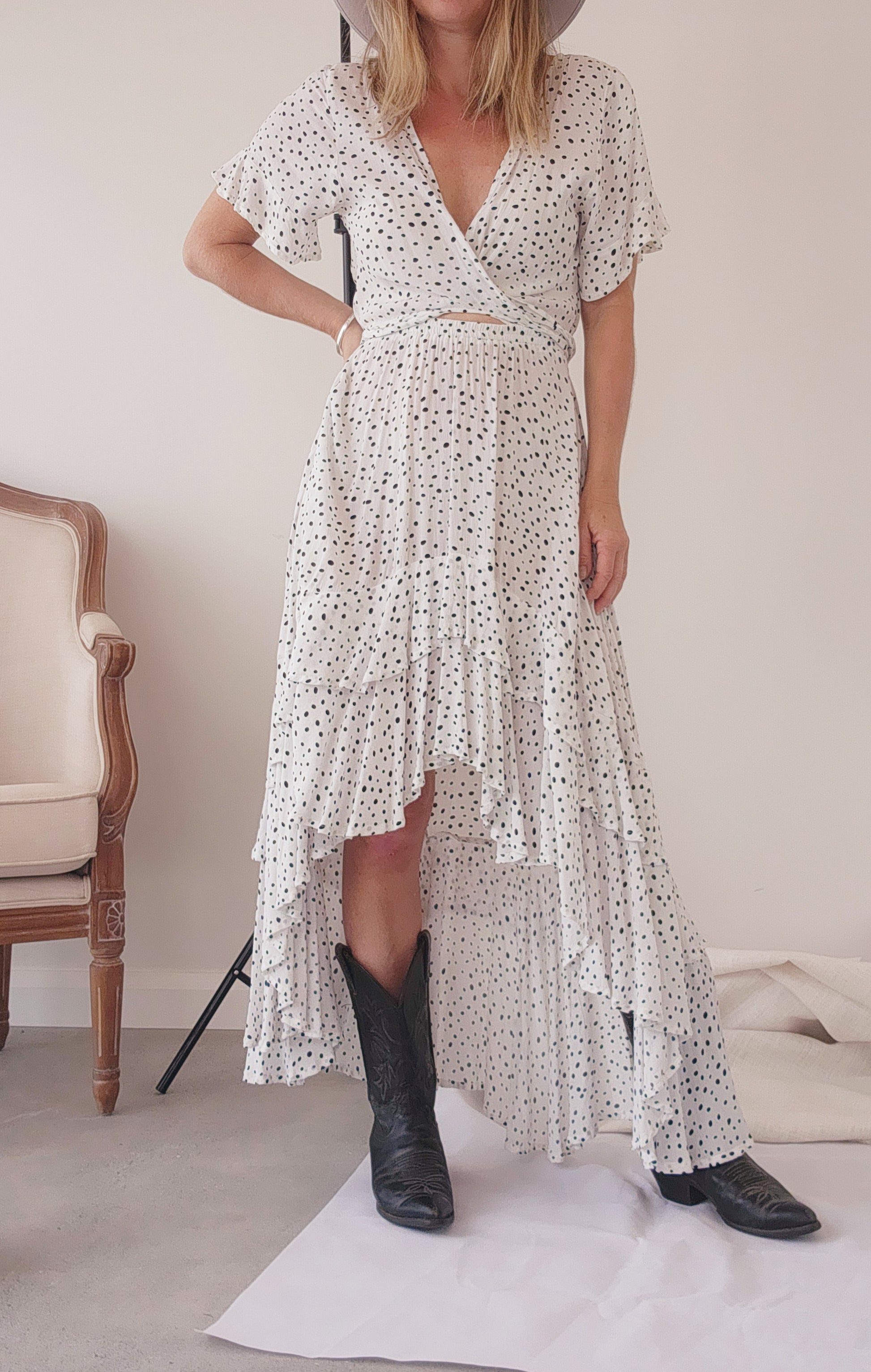 Secondhand Kivari high low dress in black and white dalmatian print. XS available online at wilsonavenue.au