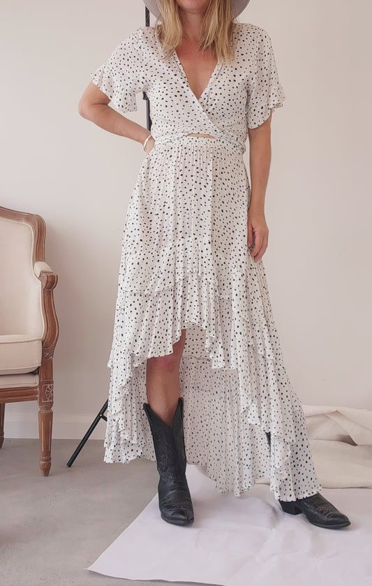 Secondhand Kivari high low dress in black and white dalmatian print. XS available online at wilsonavenue.au