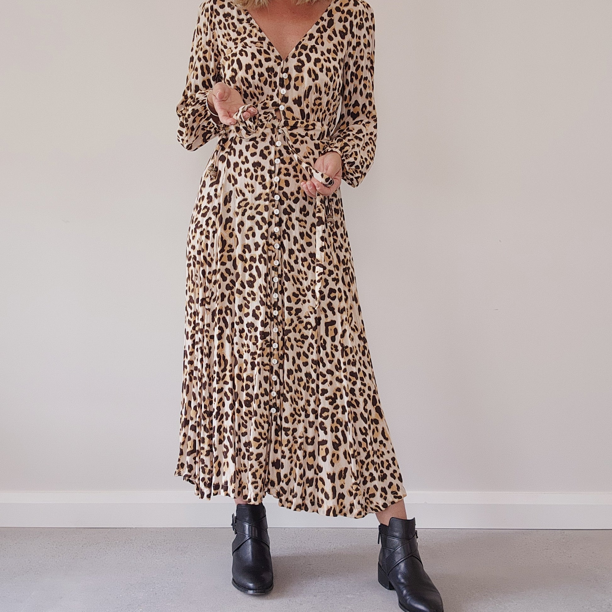 Kivari Bellini leopard midi dress. long sleeve.