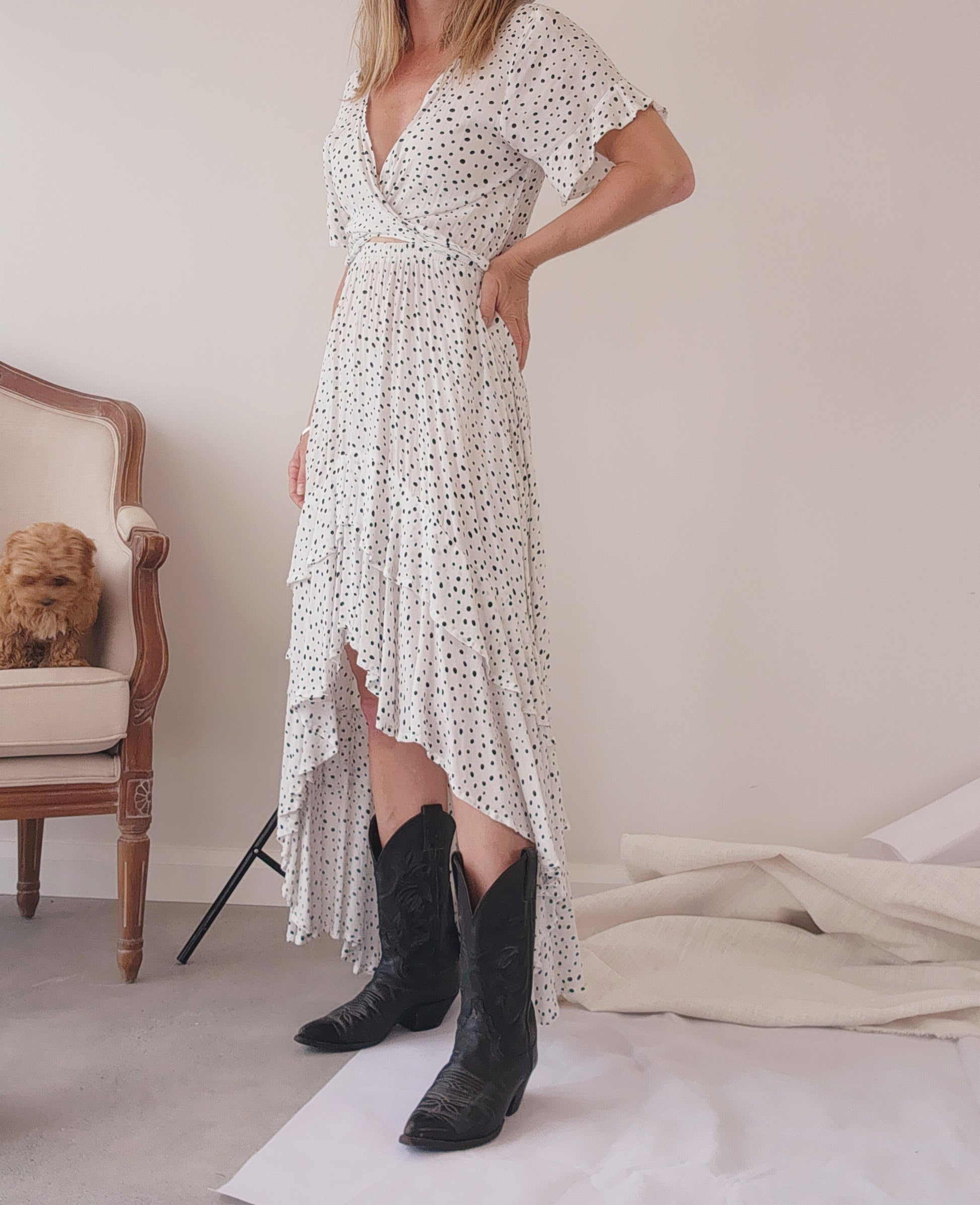 Secondhand black and white dalmatian print Kivari high low dress with frill hem in XS available online at wilsonavenue.au