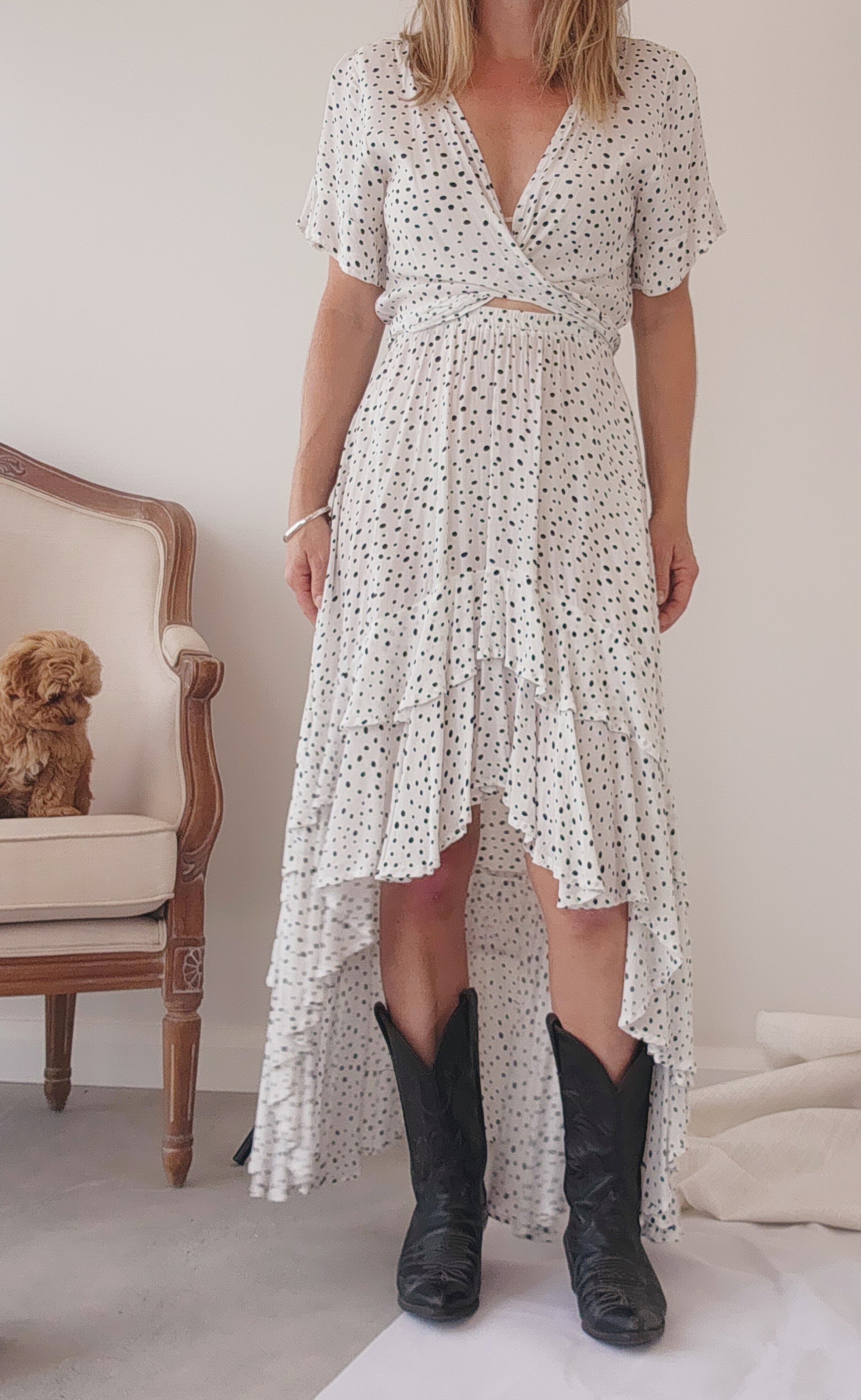 Secondhand Kivari high low dress in black and white spots with a frilled hemline. XS available online at wilsonavenue.au