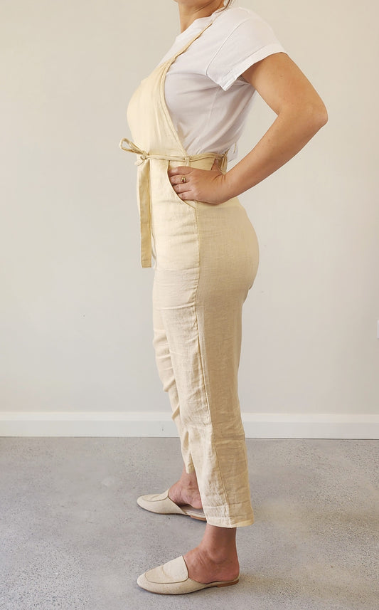 Beige linen Lilya overalls cropped