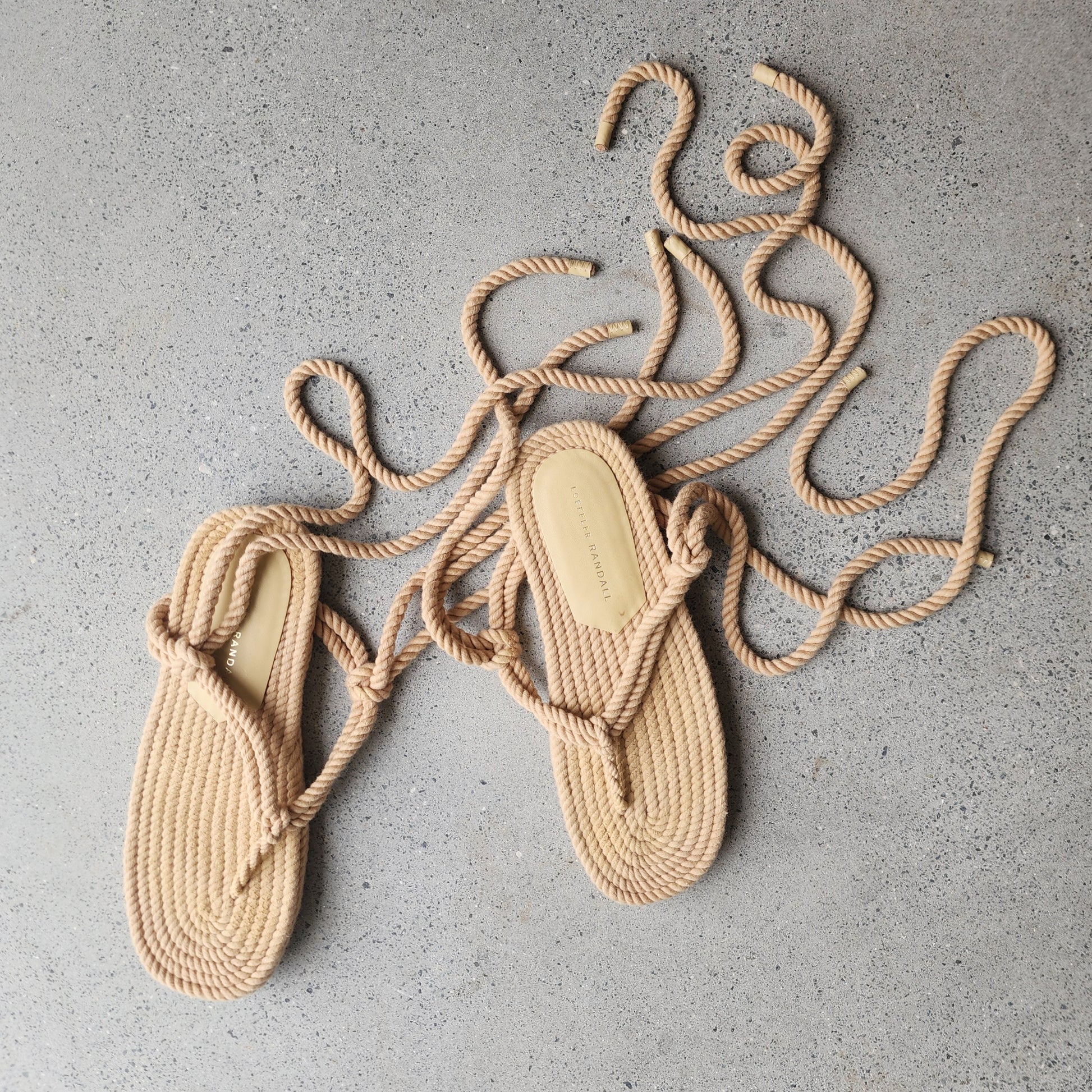 Top view of Loeffler Randall rope sandals in a natural beige colour, showing multiple tying options.