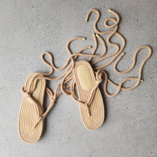 Top view of Loeffler Randall rope sandals in a natural beige colour, showing multiple tying options.