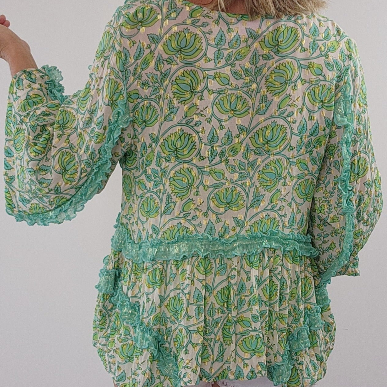 Miss June Paris, Myko bohemian green retro floral frill blouse, online at wilsonavenue.au