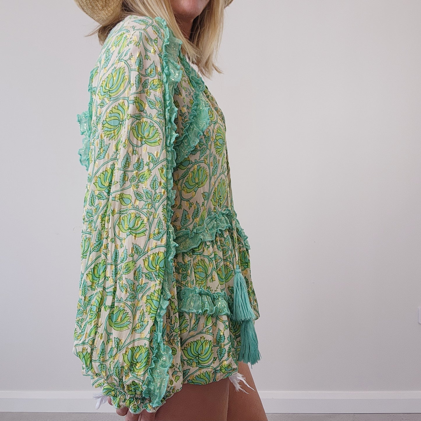 Miss June Paris, Myko green retro bohemian floral frill blouse, online at wilsonavenue.au