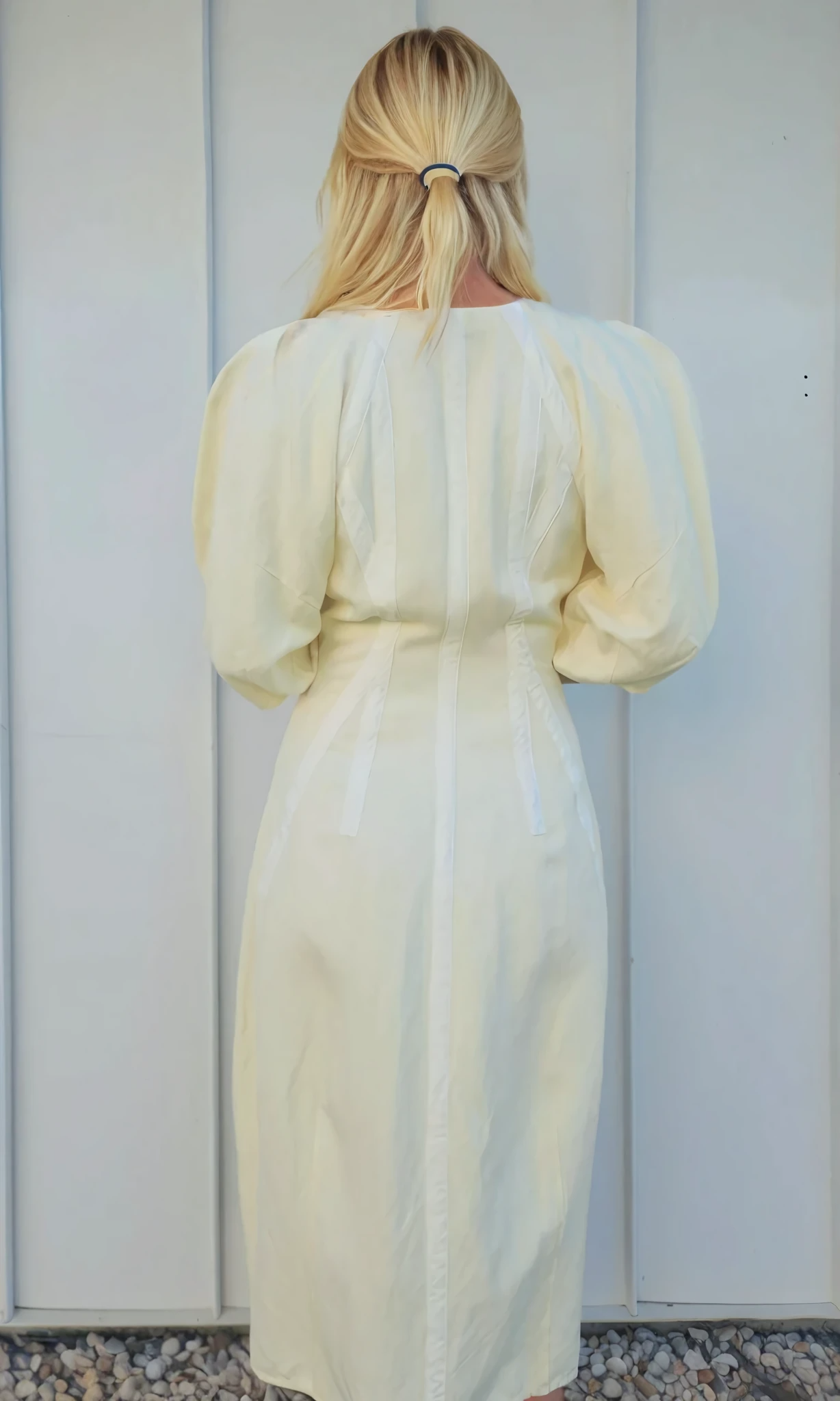 Model showing the back view of the Oroton sculptured dress, showing the white detail on yellow.