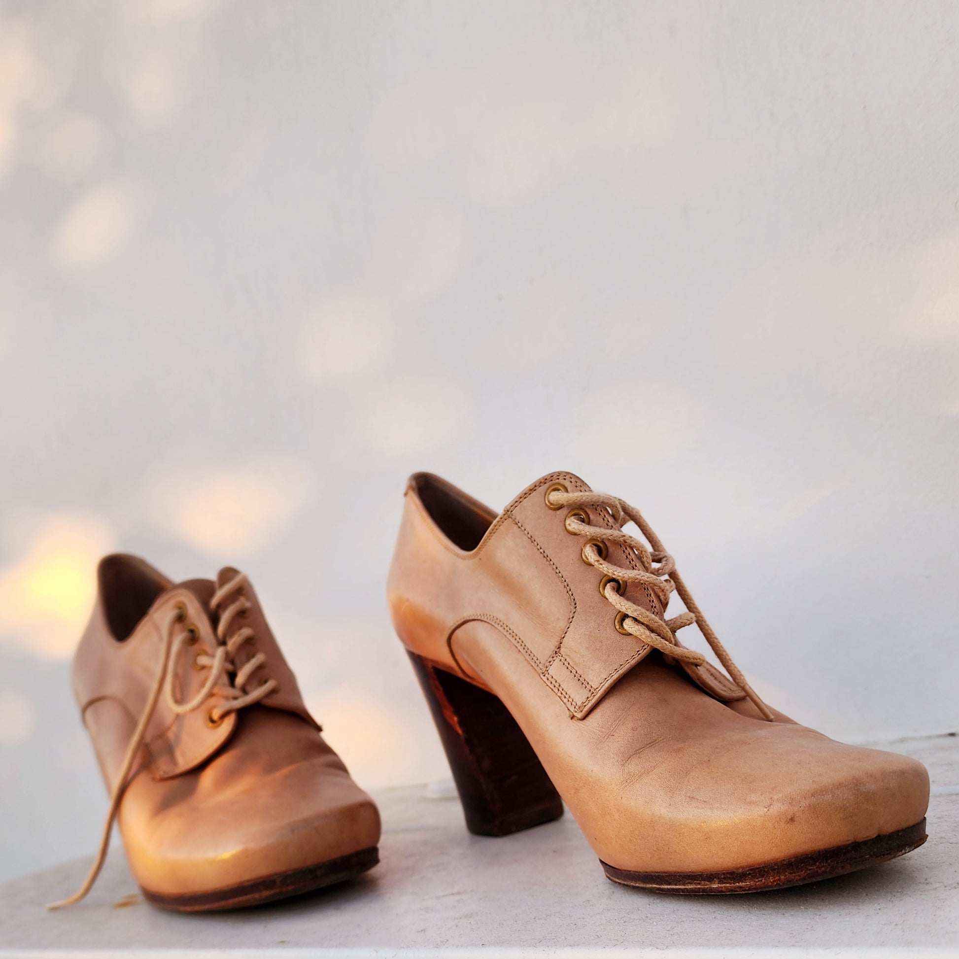 Vintage Pollini Italy Oxford Heels, in a light tan leather with brown block heels. Size 37.5eur available online at wilsonavenue.au