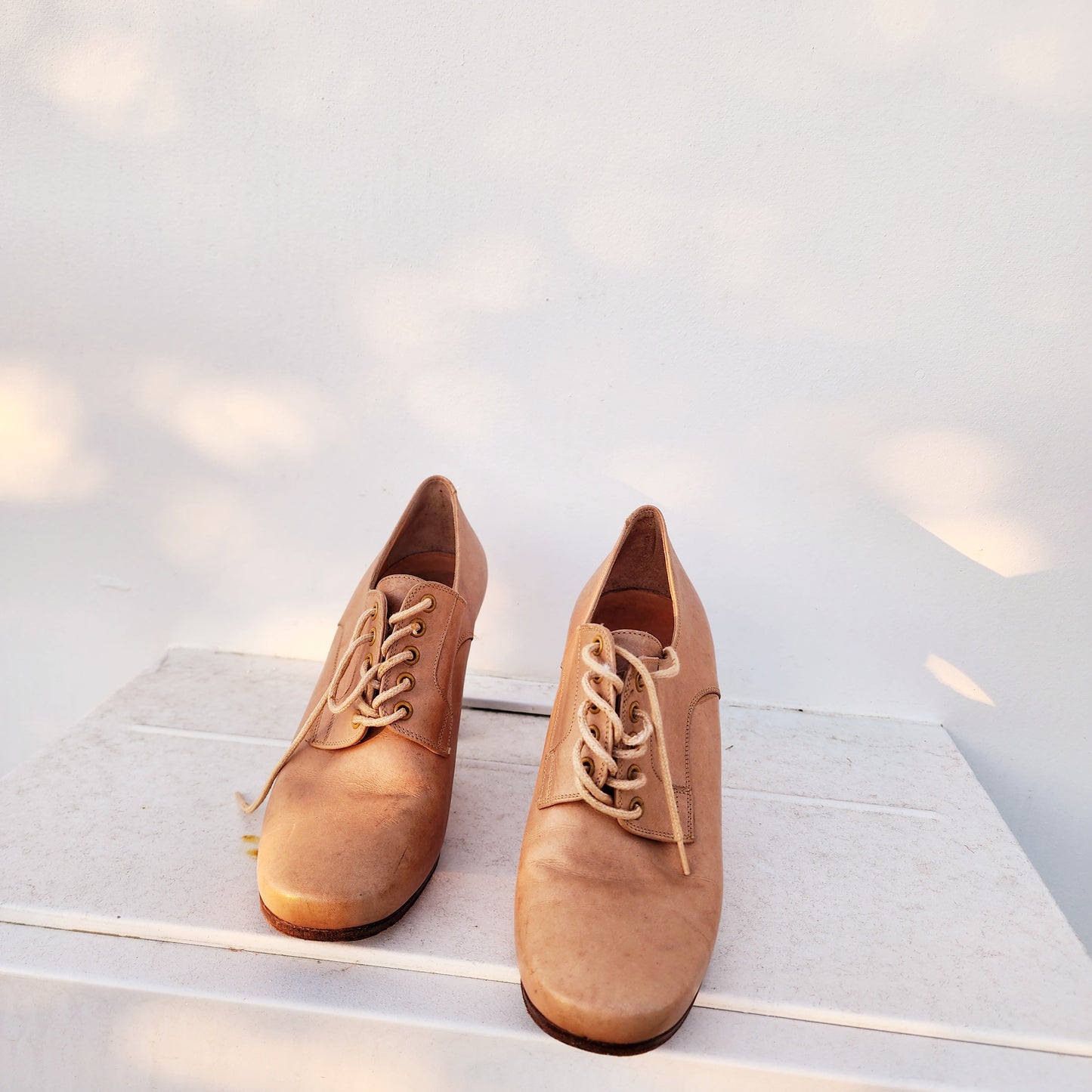 Vintage Pollini Italy Oxford Heels, in a light tan leather with brown block heels. Size 37.5eur available online at wilsonavenue.au