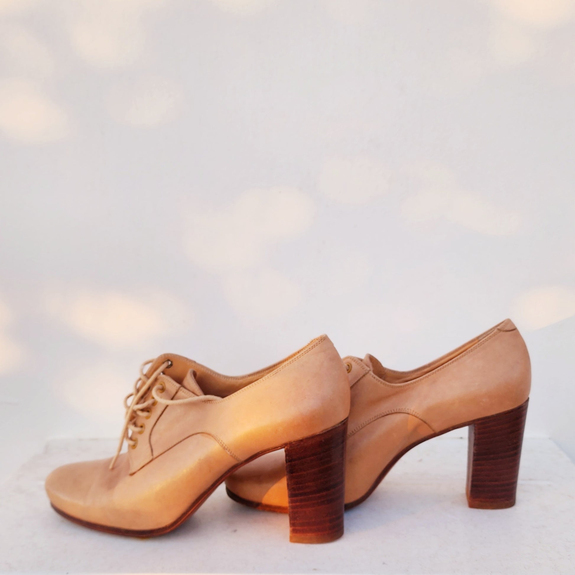 Vintage Pollini Italy Oxford Heels, in a light tan leather with brown block heels. Size 37.5eur available online at wilsonavenue.au