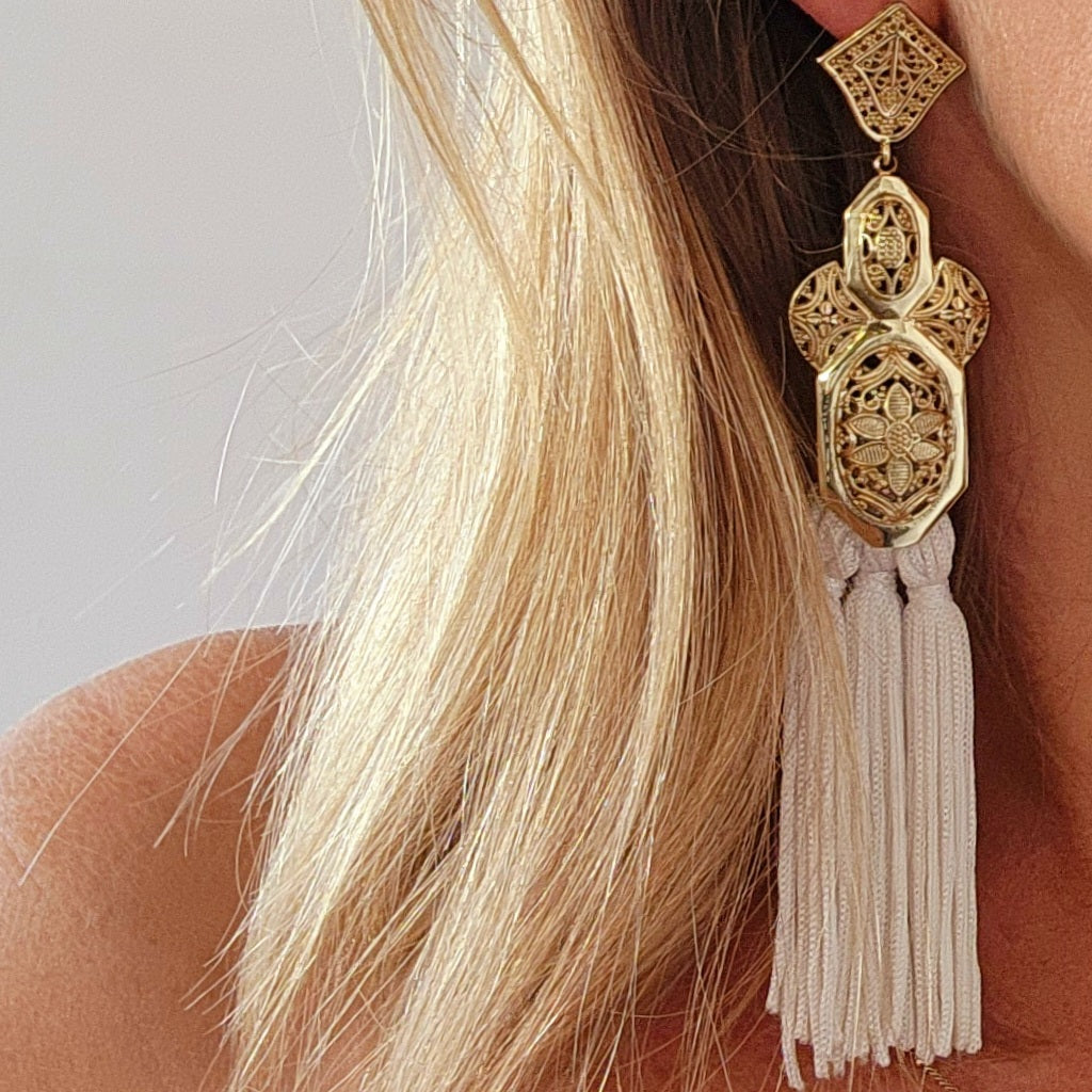 Samantha Wills Long tassel earrings, gold with white tassels