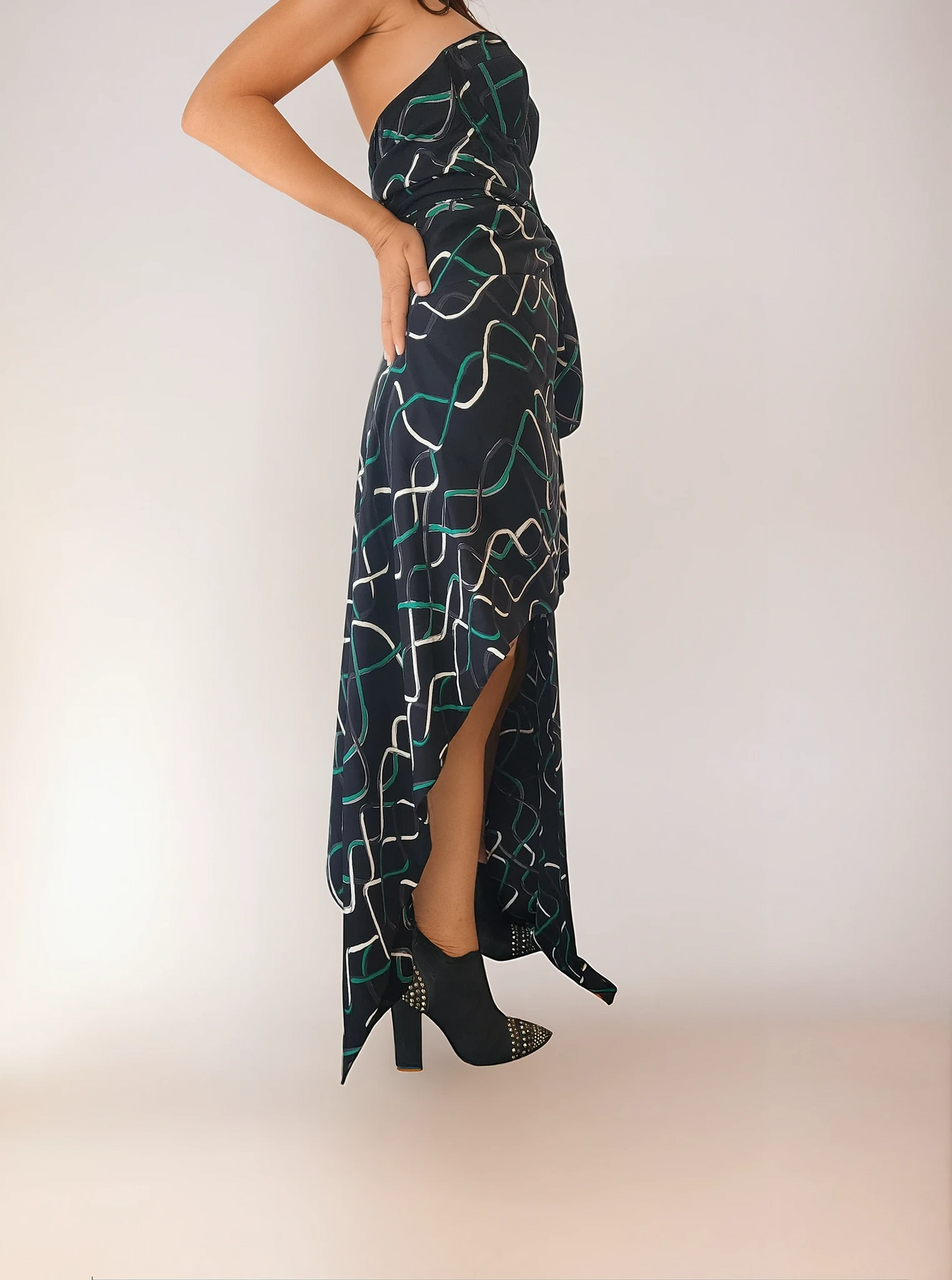 Side view of Sass & Bide streamers dress 8. Excellent worn condition available online now at Wilson Avenue