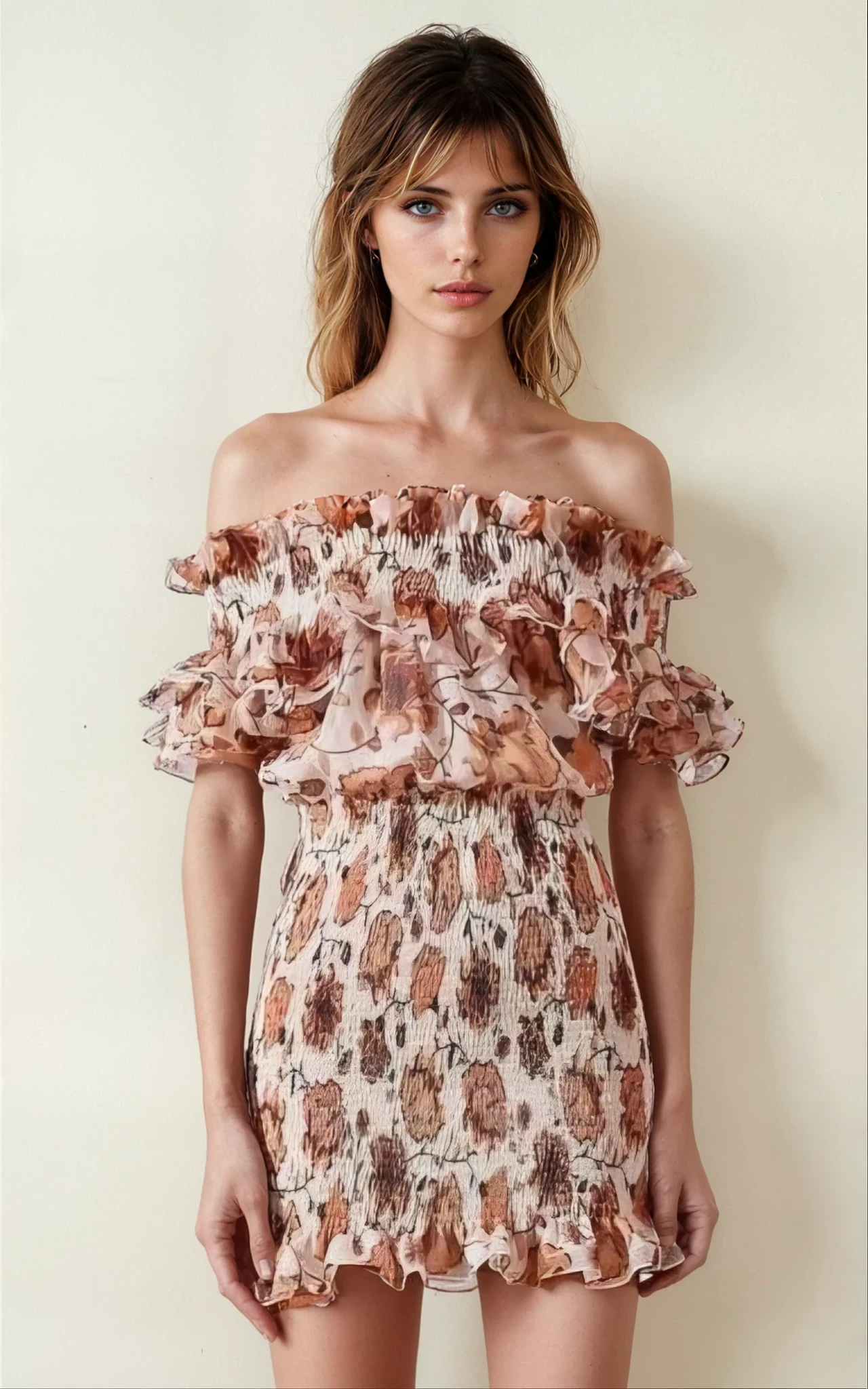 Model showing the front view of the floral Shona Joy Baez mini dress in earthy florals, with frill neckline and sleeves.