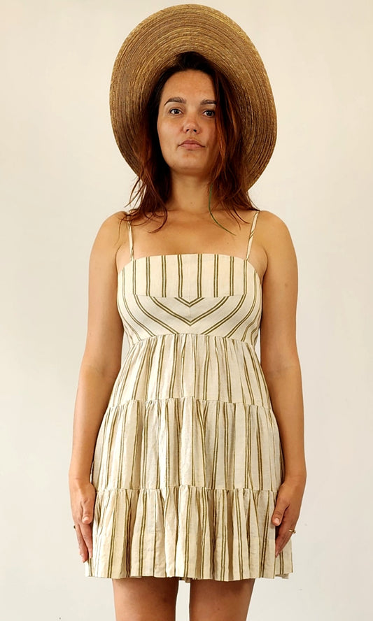 Shona Joy Aries open back linen mini dress, in paprika stripe. Size 12 available online at Wilson Avenue