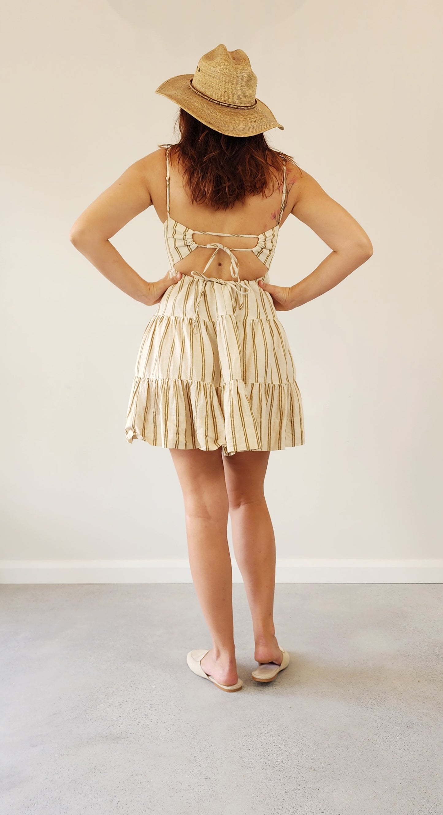 Shona Joy open back linen stripe mini dress by Shona Joy. Tiered style in an au size 12 available online at Wilson Avenue