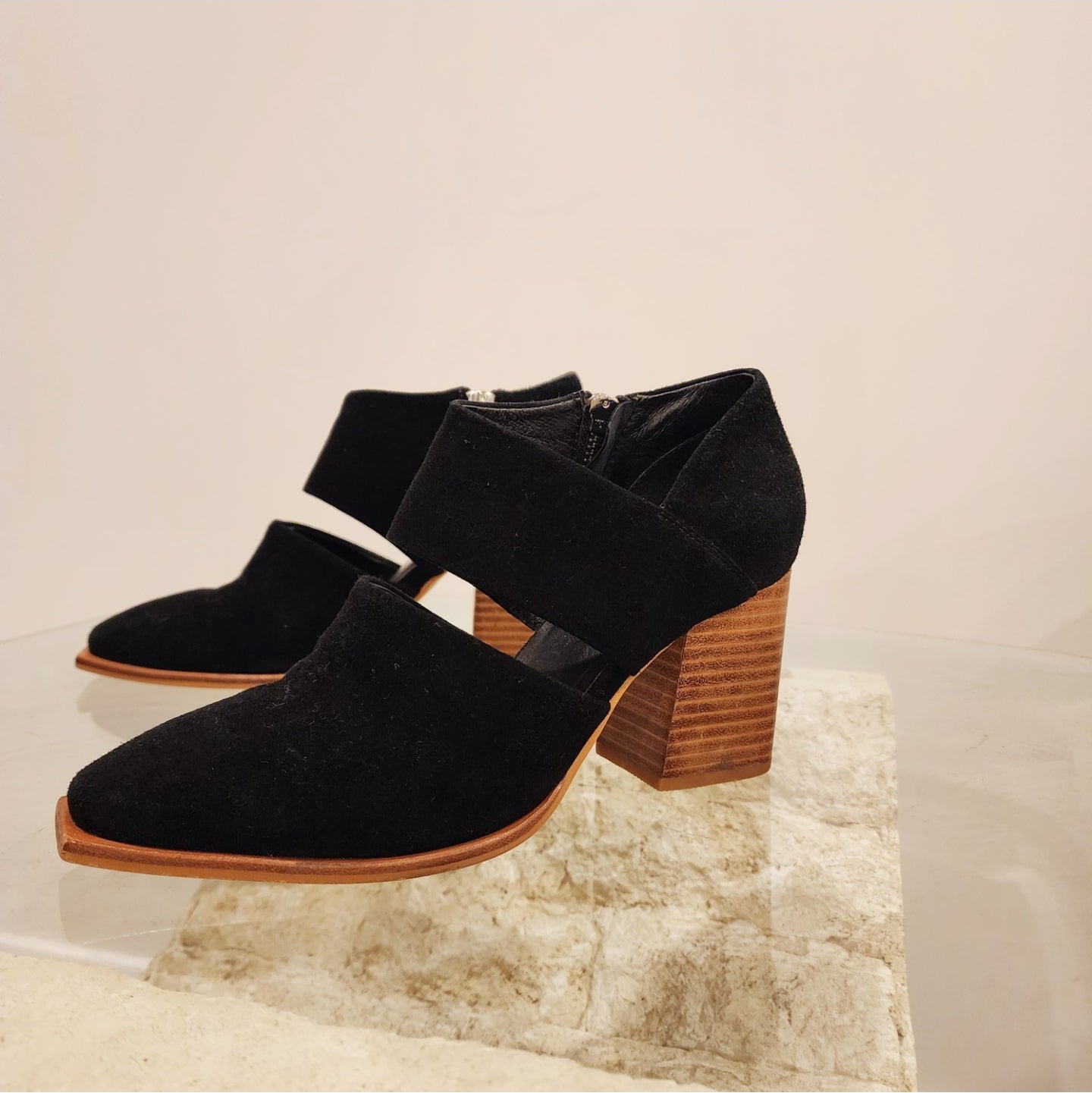 Sol Sana cut out boots in black suede, with a block heel and squared toe detail. Side View
