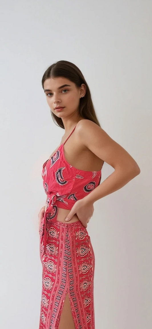 Side view of model wearing the spell Gypsianared bandana print maxi skirt, showing the side split