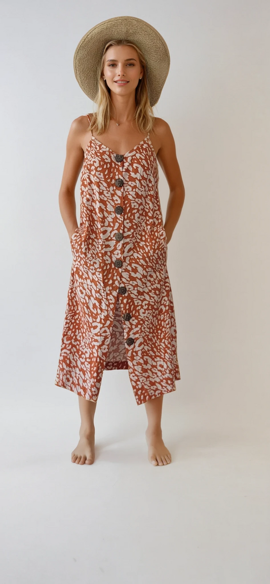 The Travelling Kimono leopard midi dress in recycled linen size 6