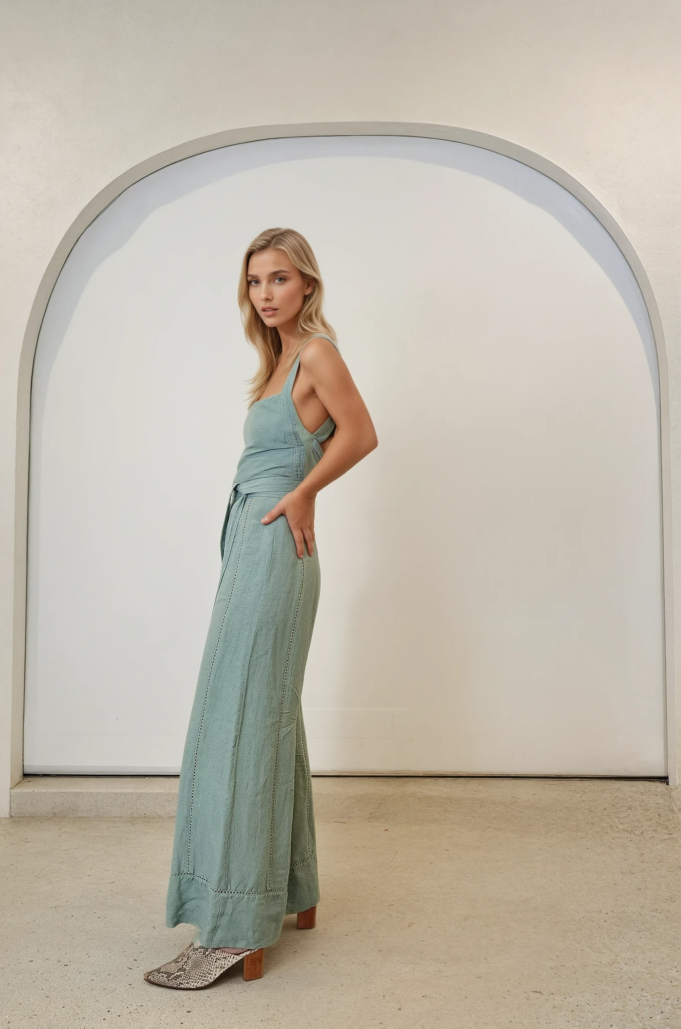 Side profile of the Tigerlily Hana Jumpsuit. Showing the clean lines and natural drape of the linen fabric, styled with snakeskin mules.