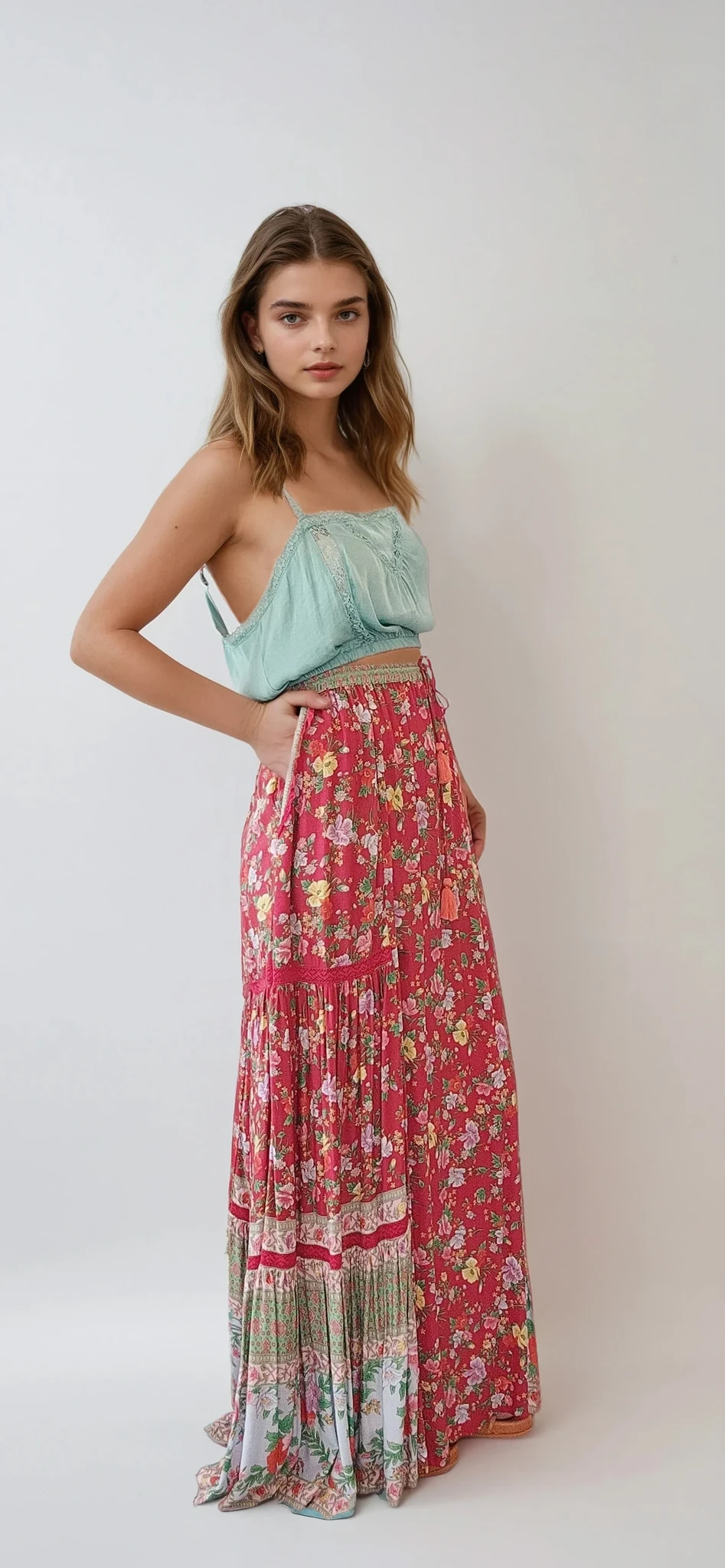 Bohemian floral maxi skirt by Tulle & Batiste. Side pockets and tassel tie waist in a size medium. Available online at Wilson Avenue