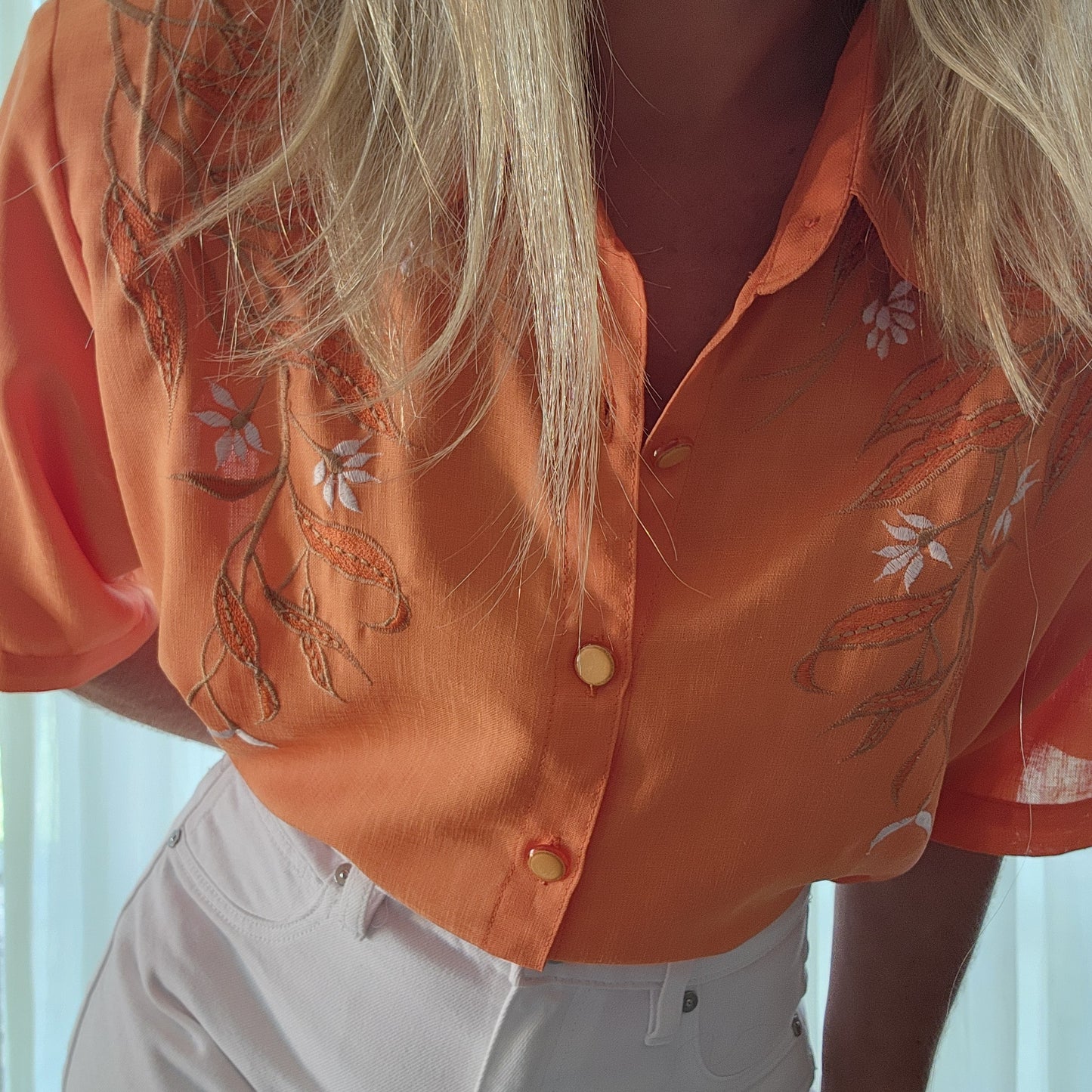 Tangerine short sleeve button up shirt by JP Collection with embroidered gum leaves. Size small available online now at Wilson Avenue