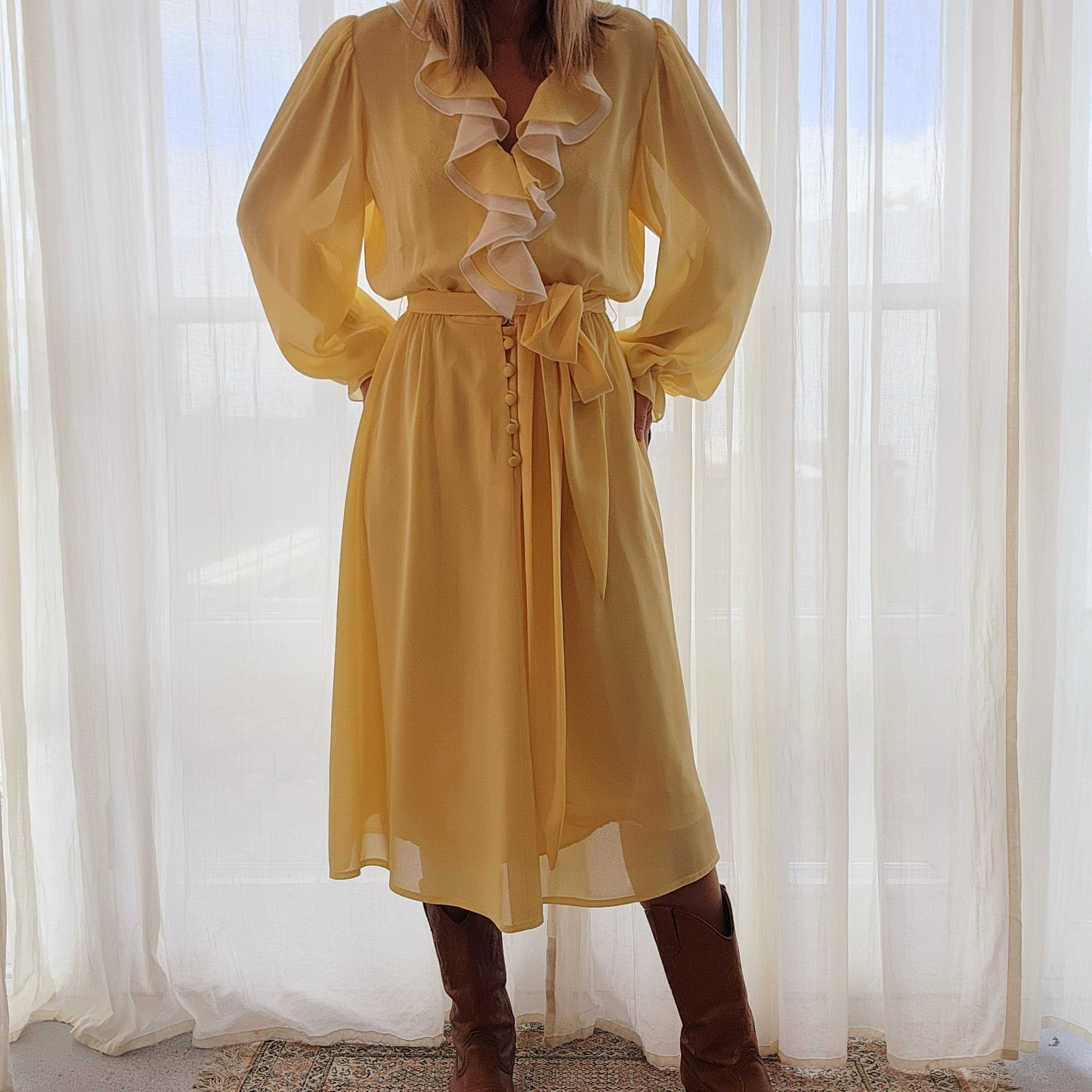 Lemon semi sheer ruffle dress, by Vintage Designer Peter Barron available online at Wilson Avenue