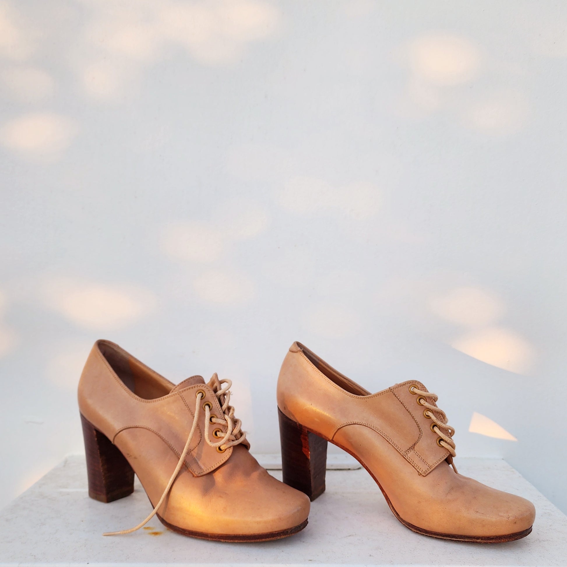 Vintage Pollini Italy Oxford lace up Heels, in a light tan leather with brown block heels. Size 37.5eur available online at wilsonavenue.au