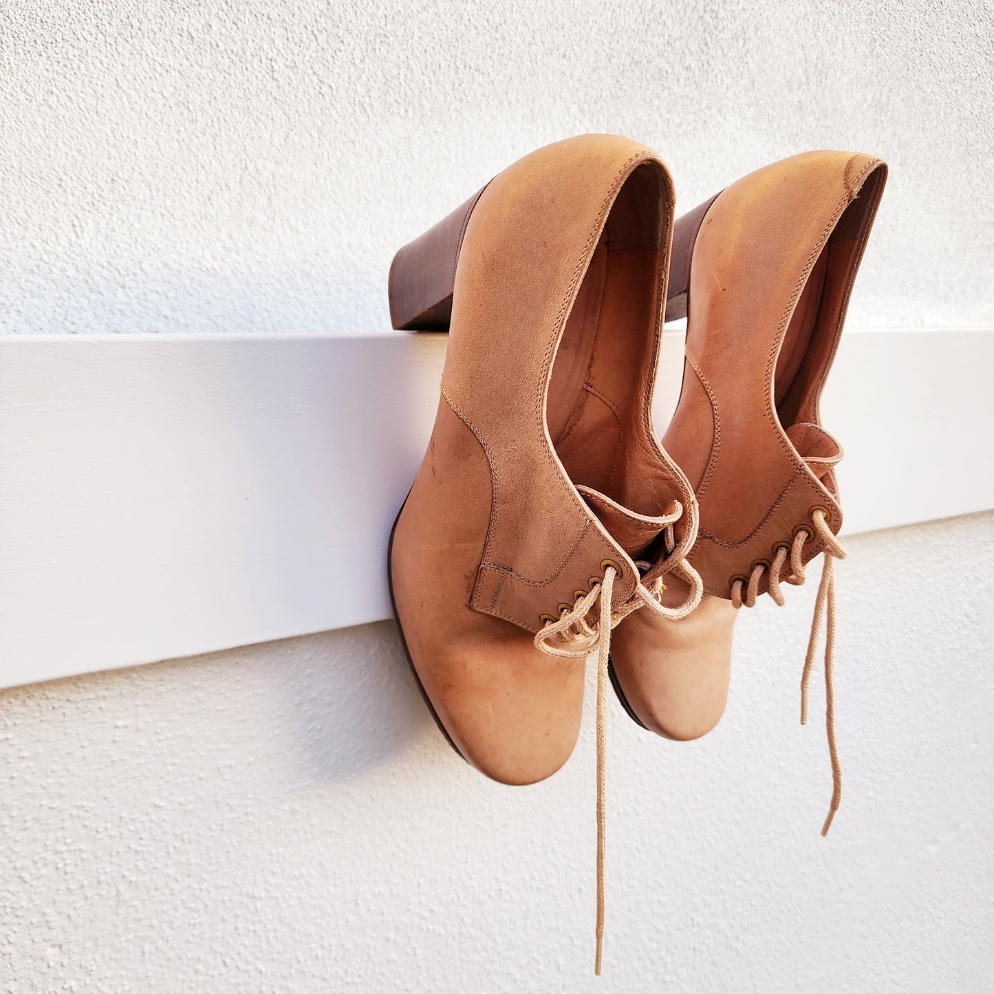 Vintage Pollini Italy Oxford Heels, in a light tan leather with brown block heels. Size 37.5eur available online at wilsonavenue.au