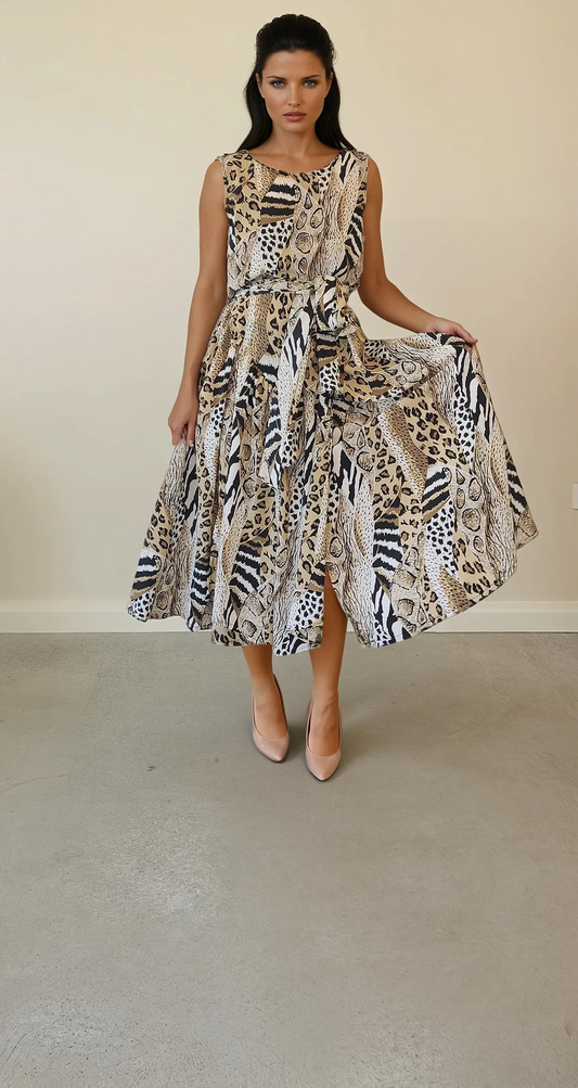 Front view of a model wearing a vintage 80s Sally Browne mixed animal print showing the flare of the skirt and the belt waist tie.