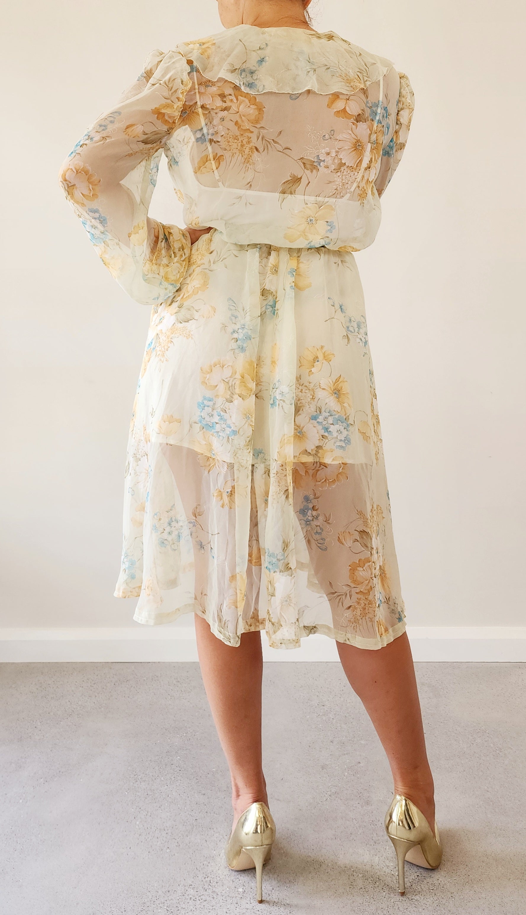 Vintage 1970's Sheer Floral Dress in beige, with blue and peachy coloured flowers. Size medium 10-12