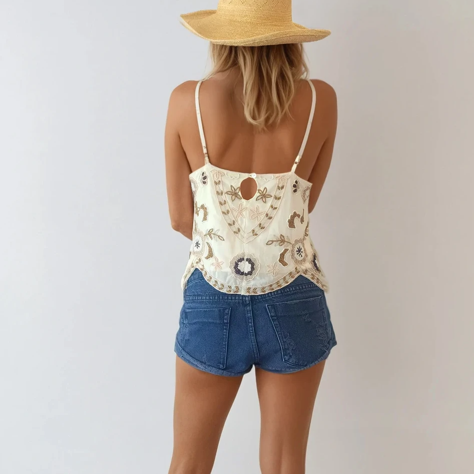 Bohemian style western beaded top by Raga. Cropped style with a scalloped hemline and adjustable straps, available online at wilsonavenue.au
