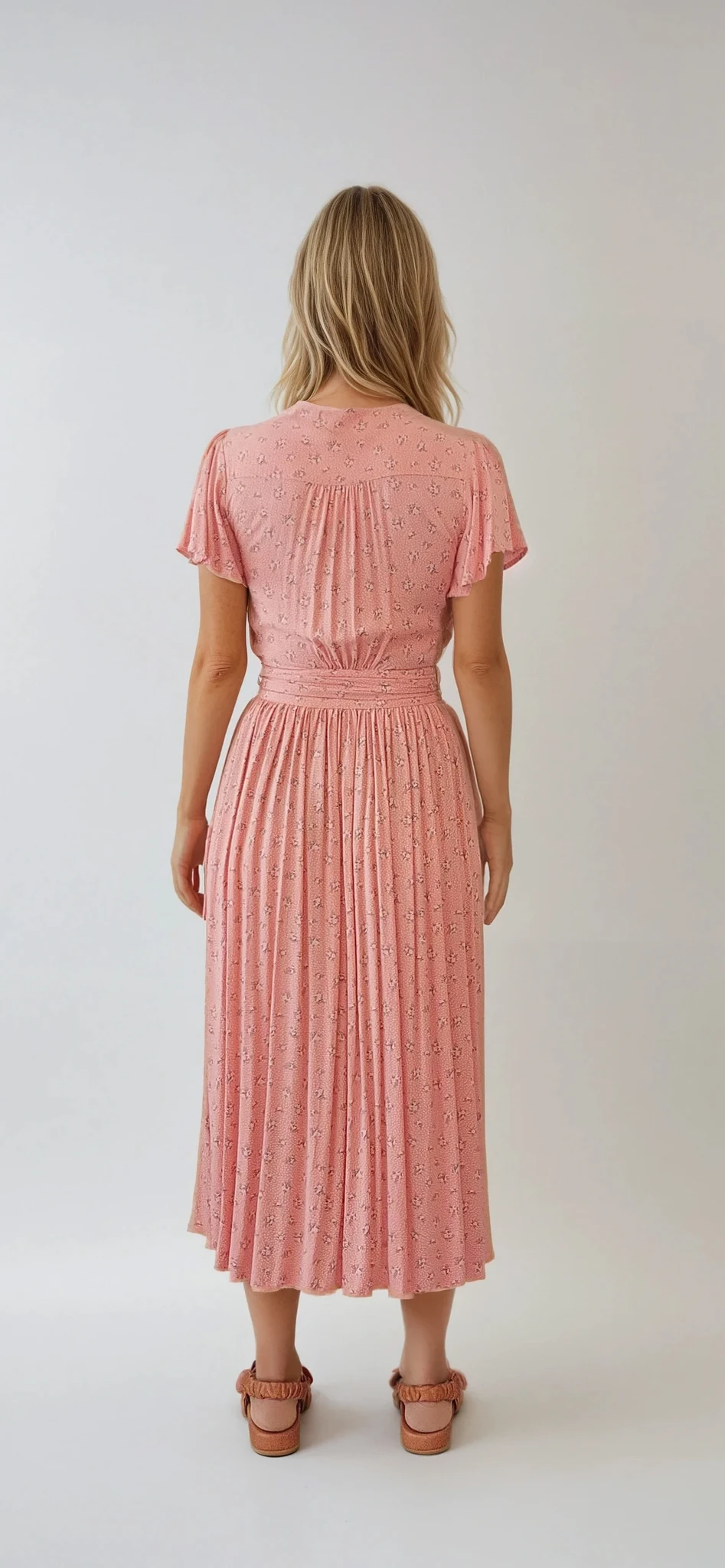 Back view of Auguste the Label Jasmin Dress showing flutter sleeves in coral pink floral design.