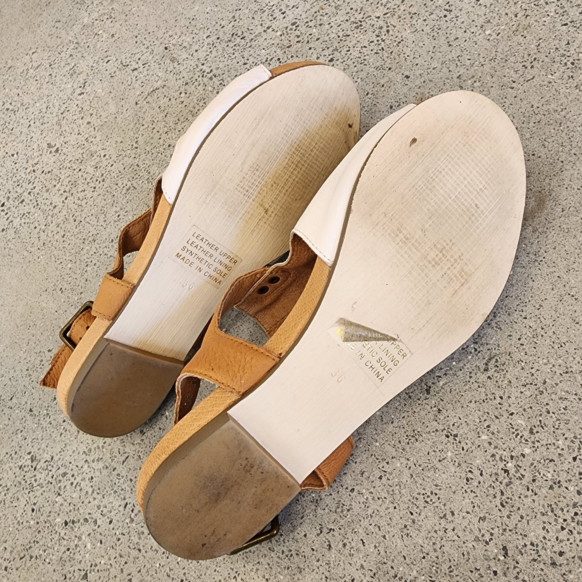 White & Tan soft leather sandals by Django & Juliette available at wilsonavenue.au
