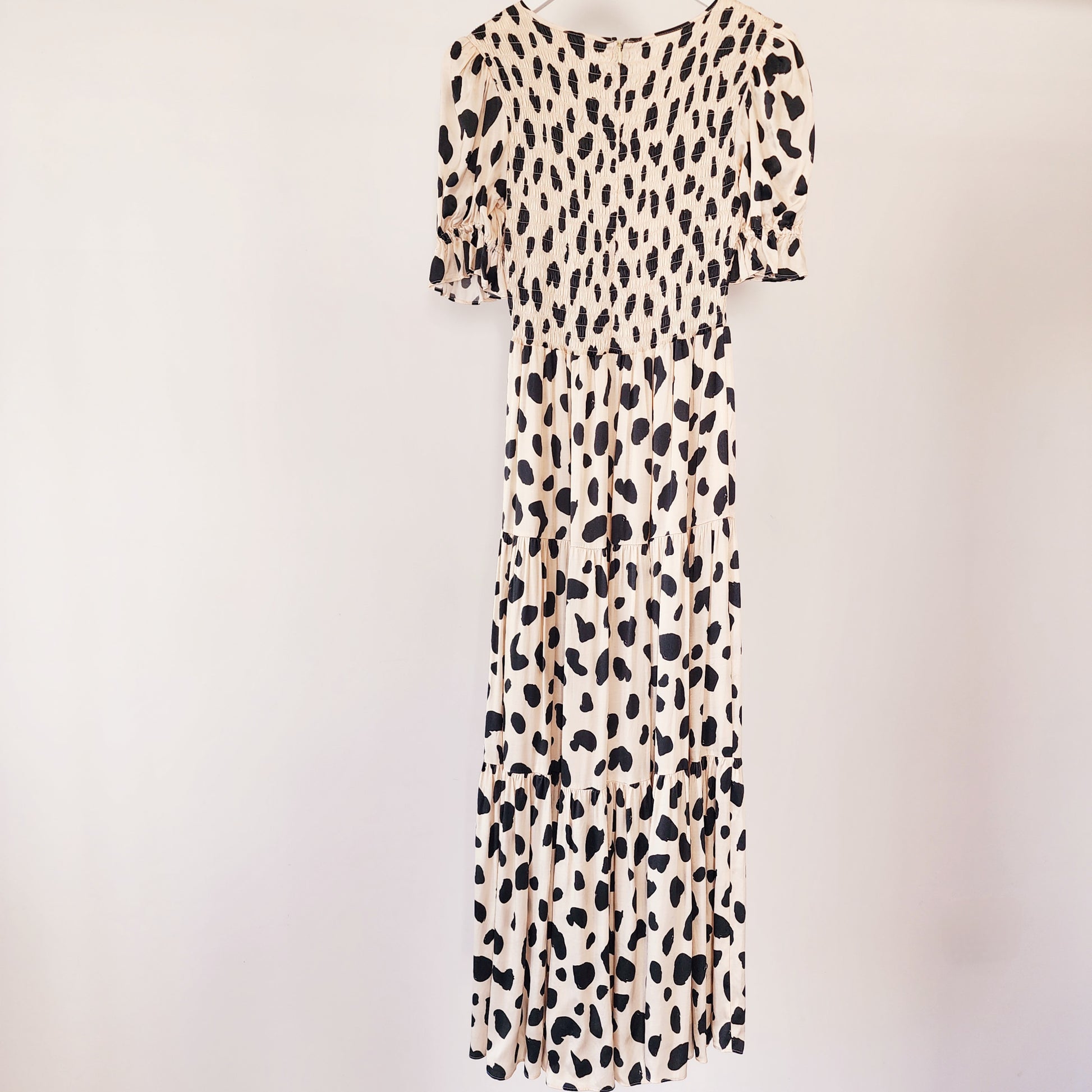Kitri London champagne & black dalmatian animal print, tiered midi dress. New without tags available at wilsonavenue.au